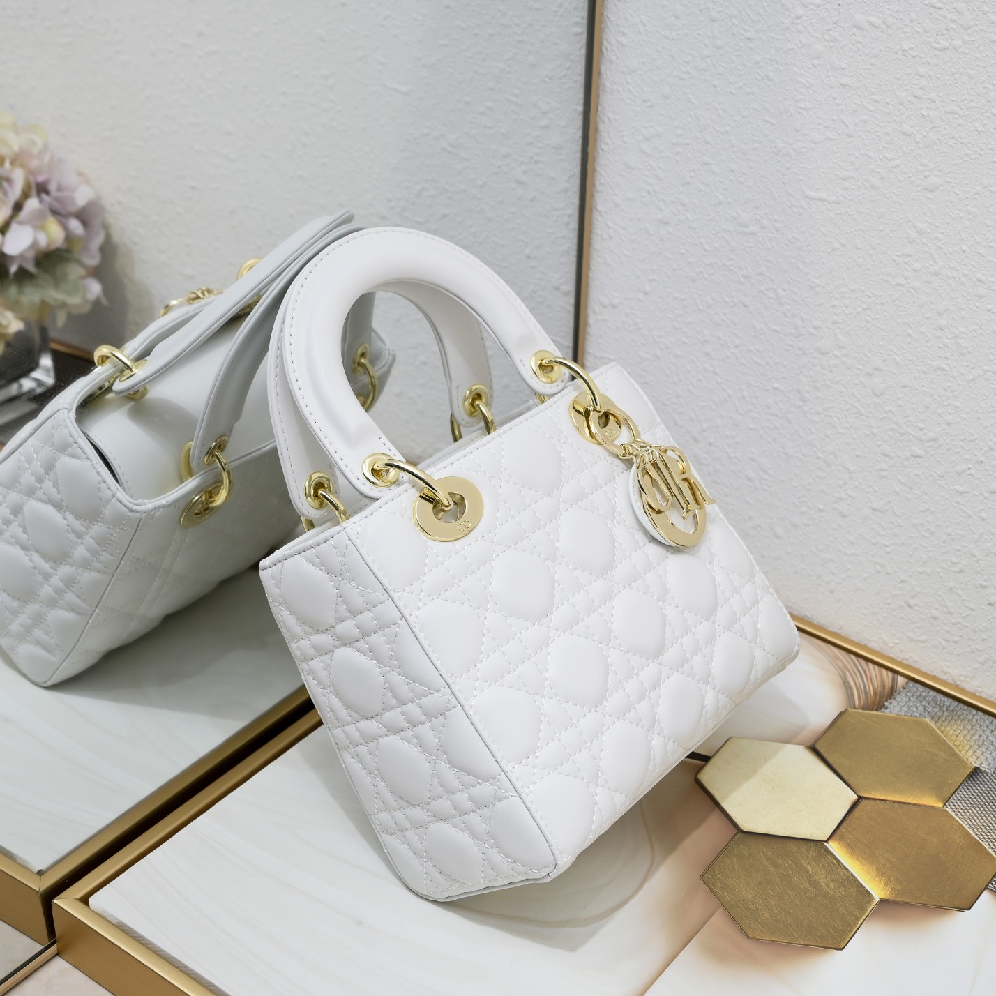 Dior Small Lady Dior Bag White Cannage Calfskin Golden Hardware - Bag