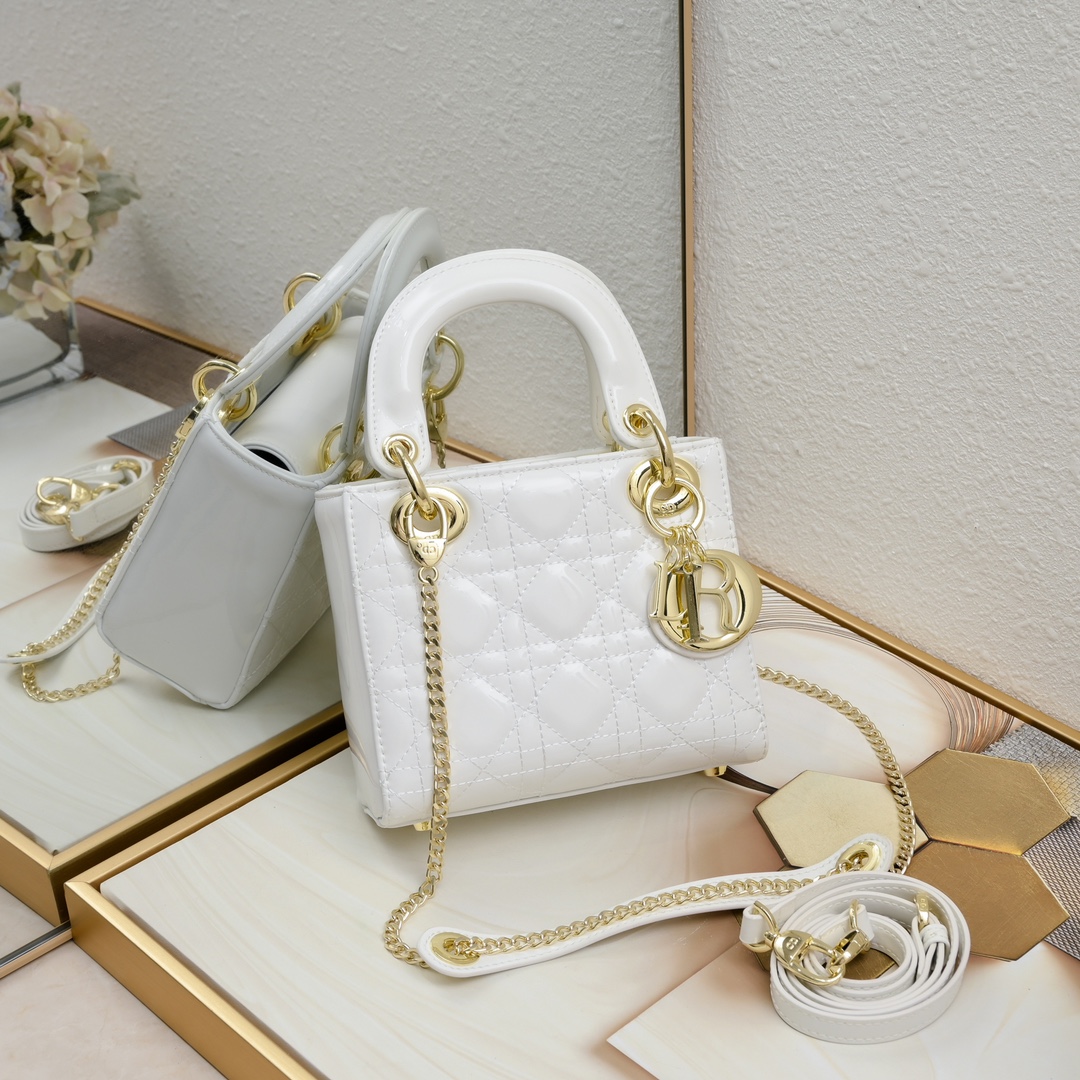 Dior Mini Lady Dior Bag Powder White Patent Cannage Calfskin Golden Hardware - Bag