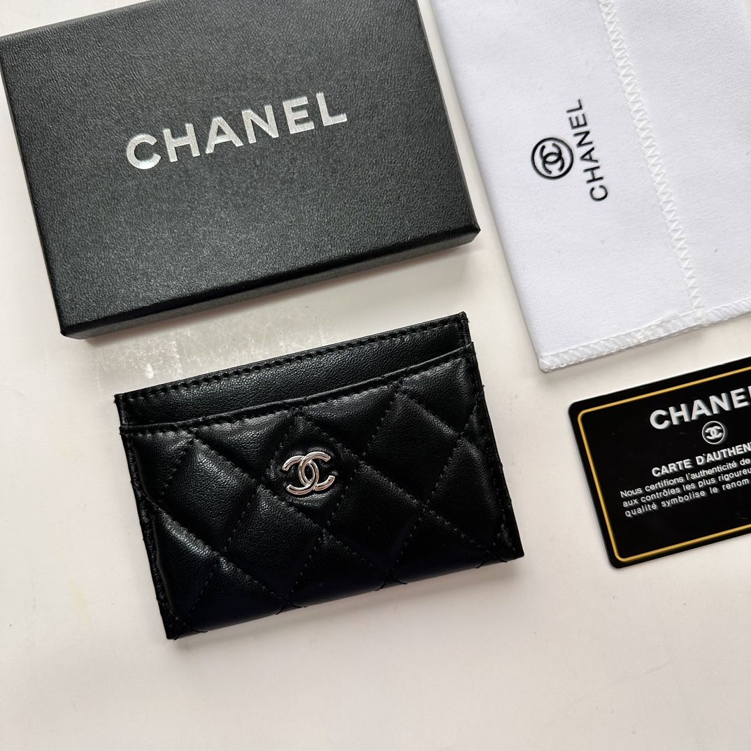 Chanel CLASSIC CARD HOLDER Grained Calfskin & Silver-Tone MetalBlack -Wallet