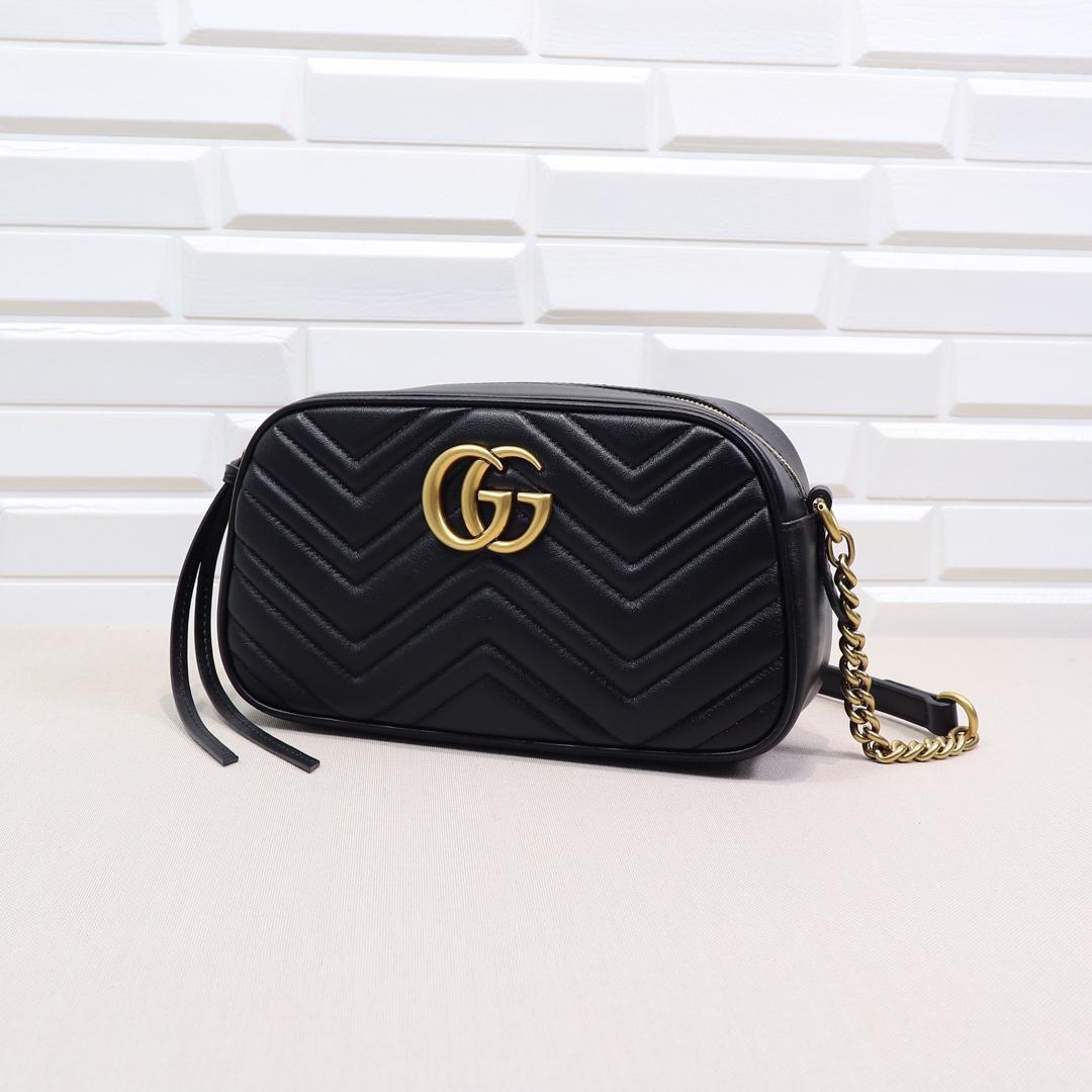 GUCCI Calfskin Matelasse GG Marmont Chain Shoulder Bag Black - Bag