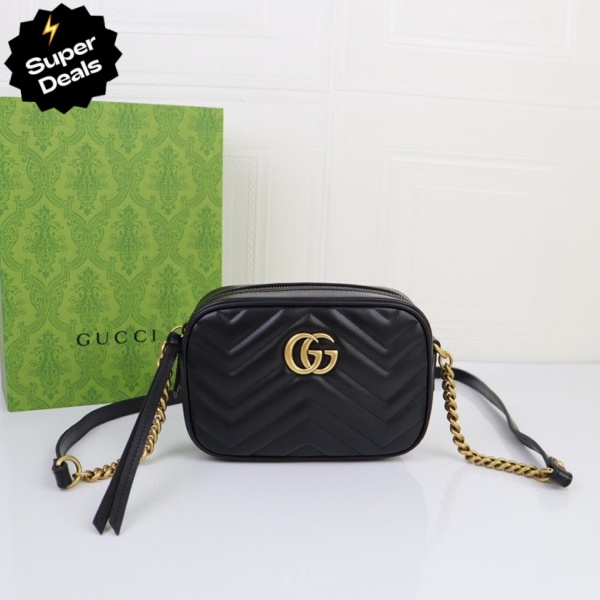 GUCCI Calfskin Matelasse Mini GG Marmont Chain Shoulder Bag Black - Bag