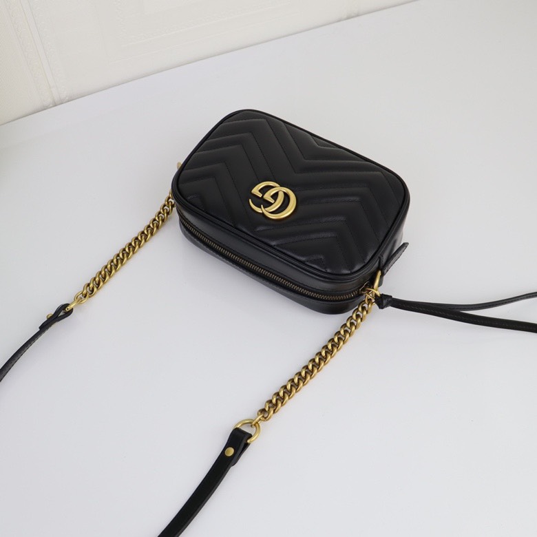 GUCCI Calfskin Matelasse Mini GG Marmont Chain Shoulder Bag Black - Bag