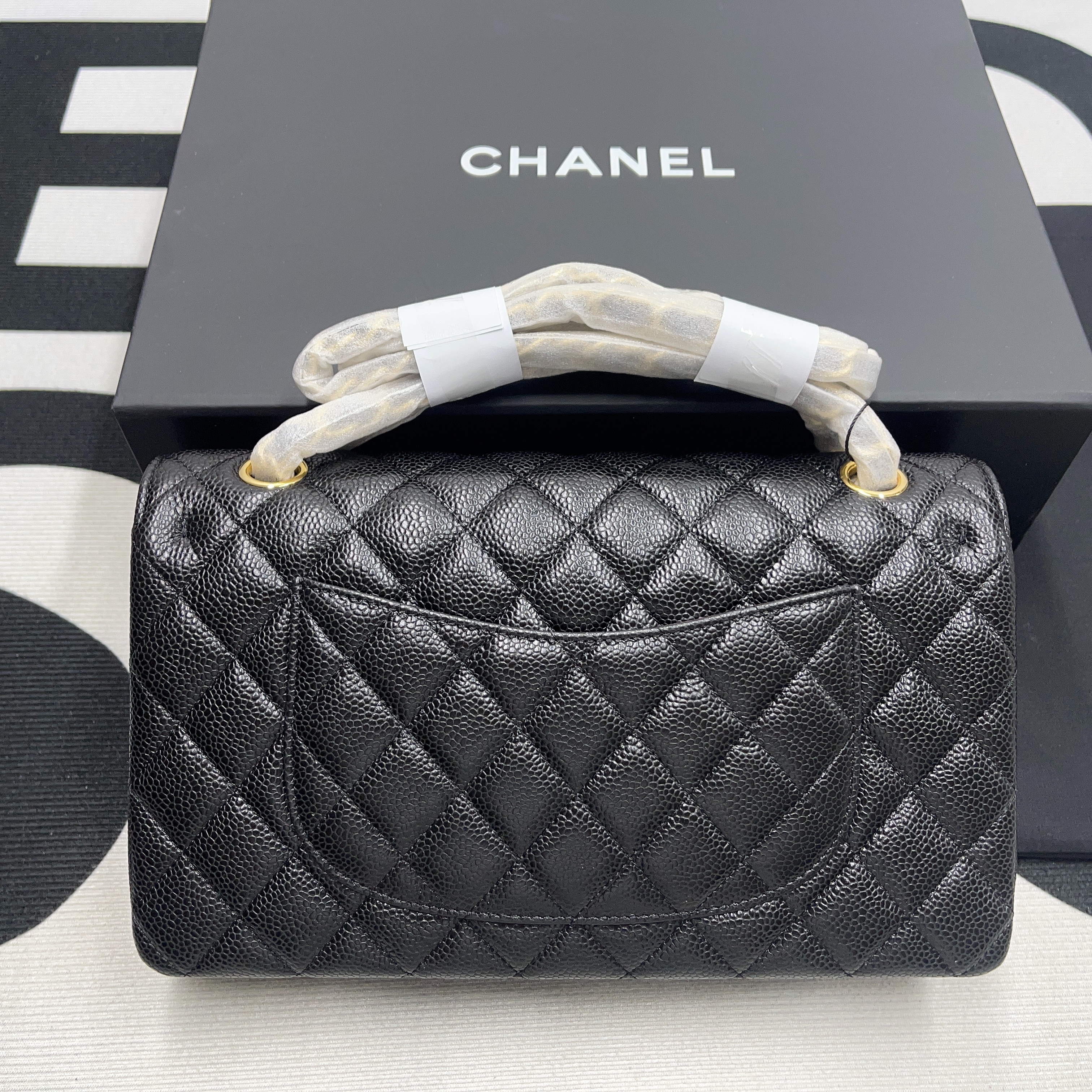 Chanel Classic Flag Bag Jumbo Classic Double Flap Bag Black Caviar Gold Hardware - Bag