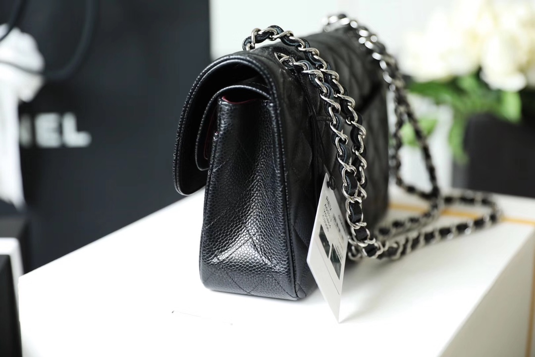 Chanel Classic Flag Bag Small Classic Double Flap Black Calfskin Silver Hardware - Bag