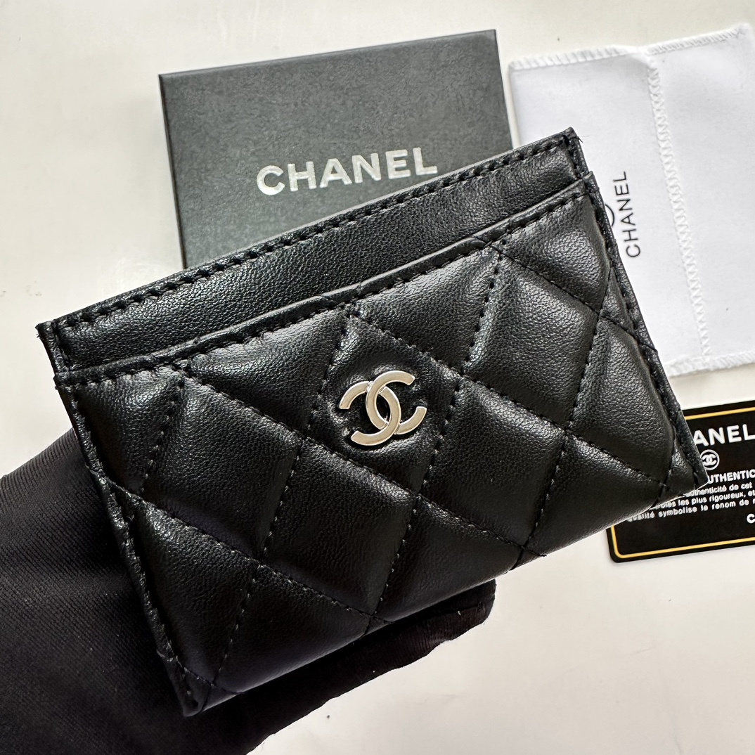 Chanel CLASSIC CARD HOLDER Grained Calfskin & Silver-Tone MetalBlack -Wallet
