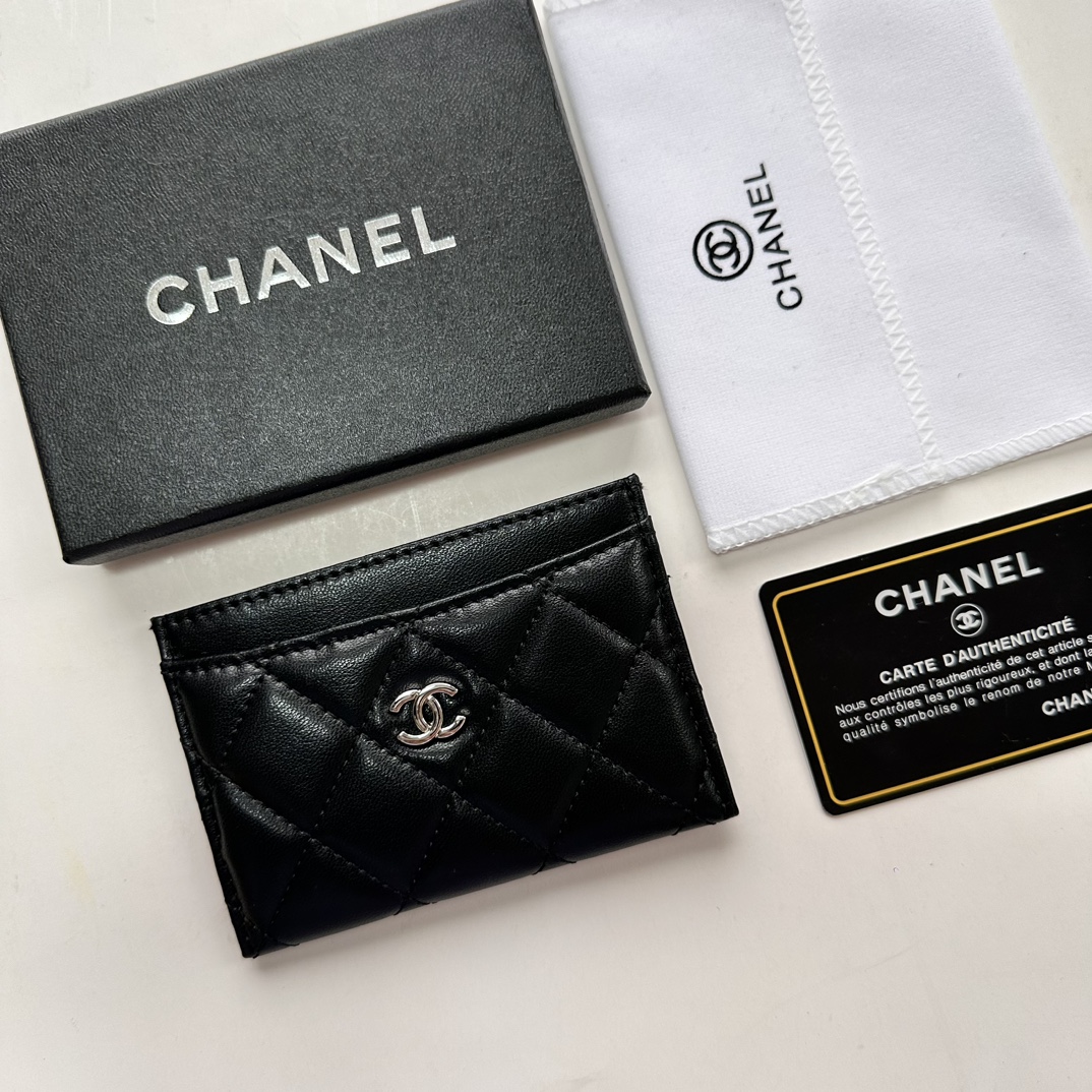 Chanel CLASSIC CARD HOLDER Grained Calfskin & Silver-Tone MetalBlack -Wallet