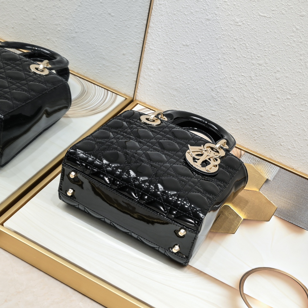 Dior Small Lady Dior Bag Powder Black Patent Cannage Calfskin Golden Hardware - Bag