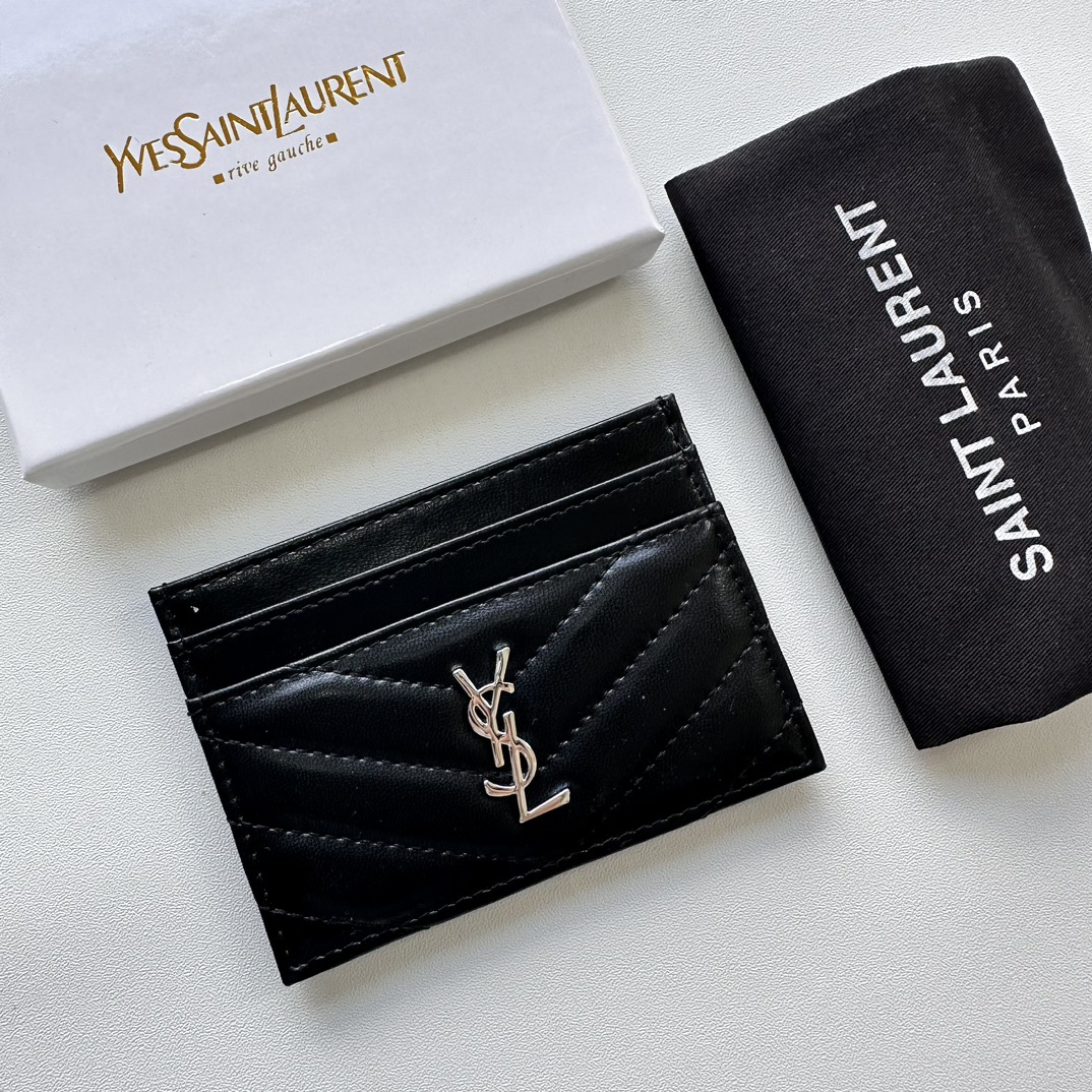 Saint Laurent CASSANDRE MATELASSÉ card case in lambskin -Black and Silver Wallet