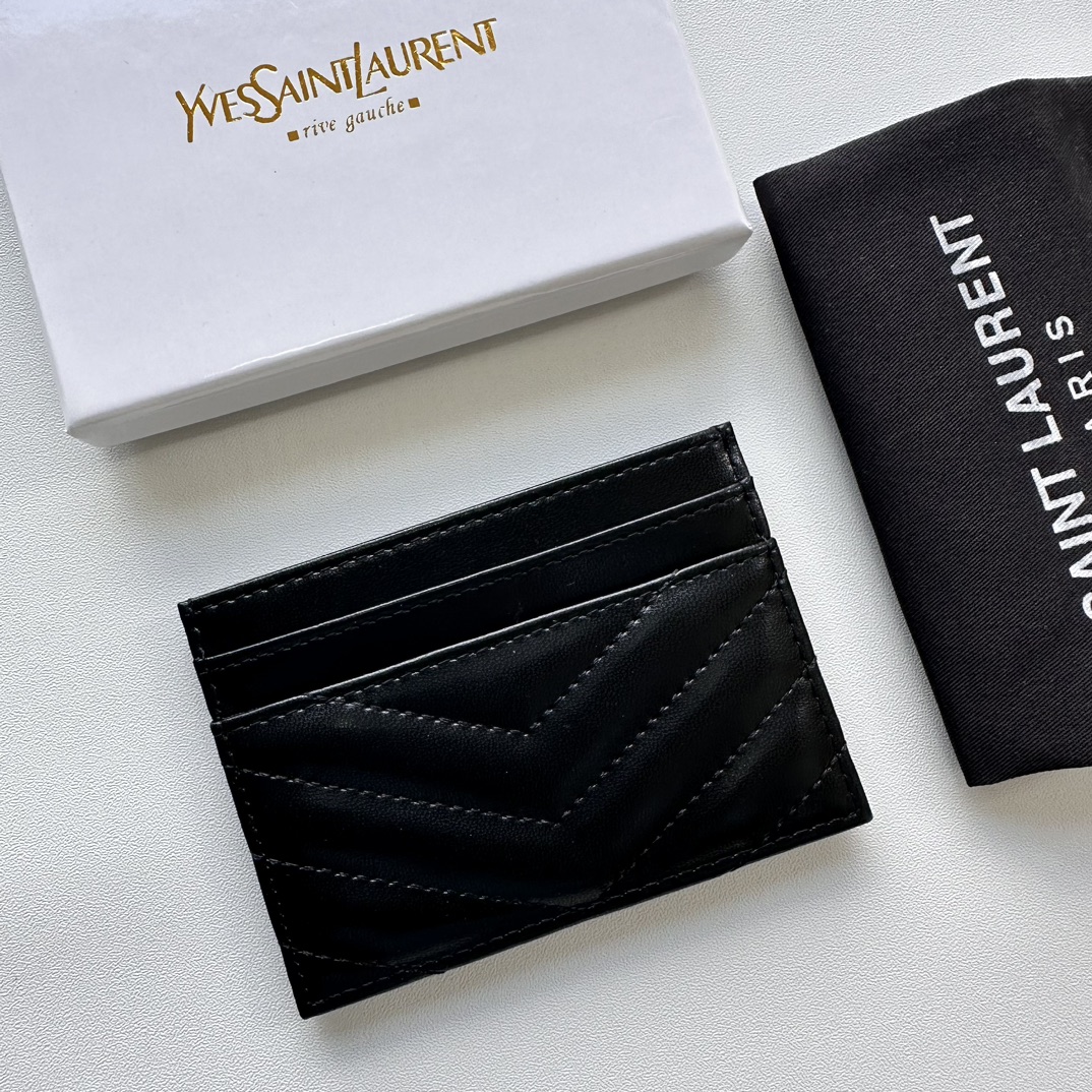 Saint Laurent CASSANDRE MATELASSÉ card case in lambskin -Black and Silver Wallet