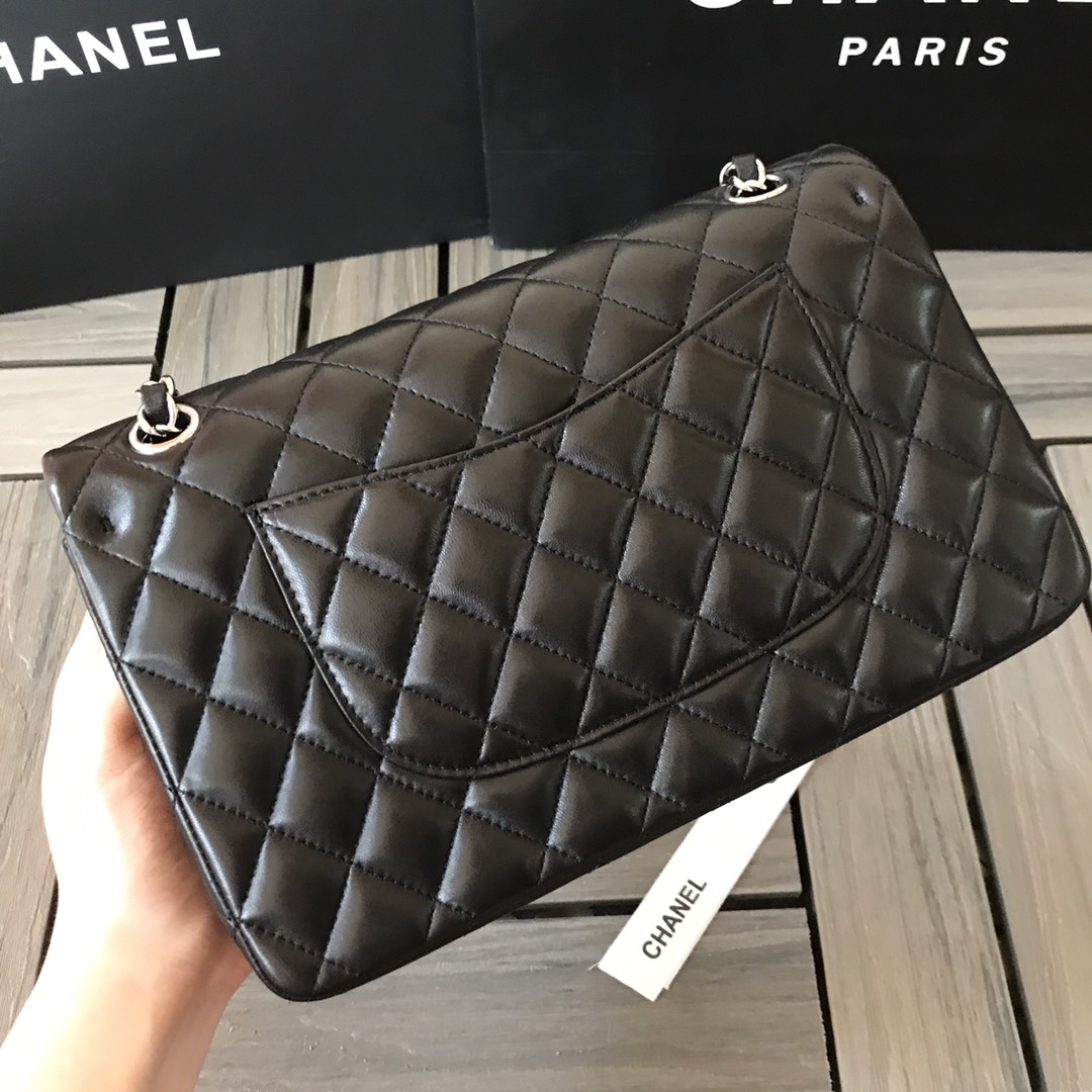 Chanel Classic Double Flag Bag Black Leather Silver Hardware Shoulder Bag
