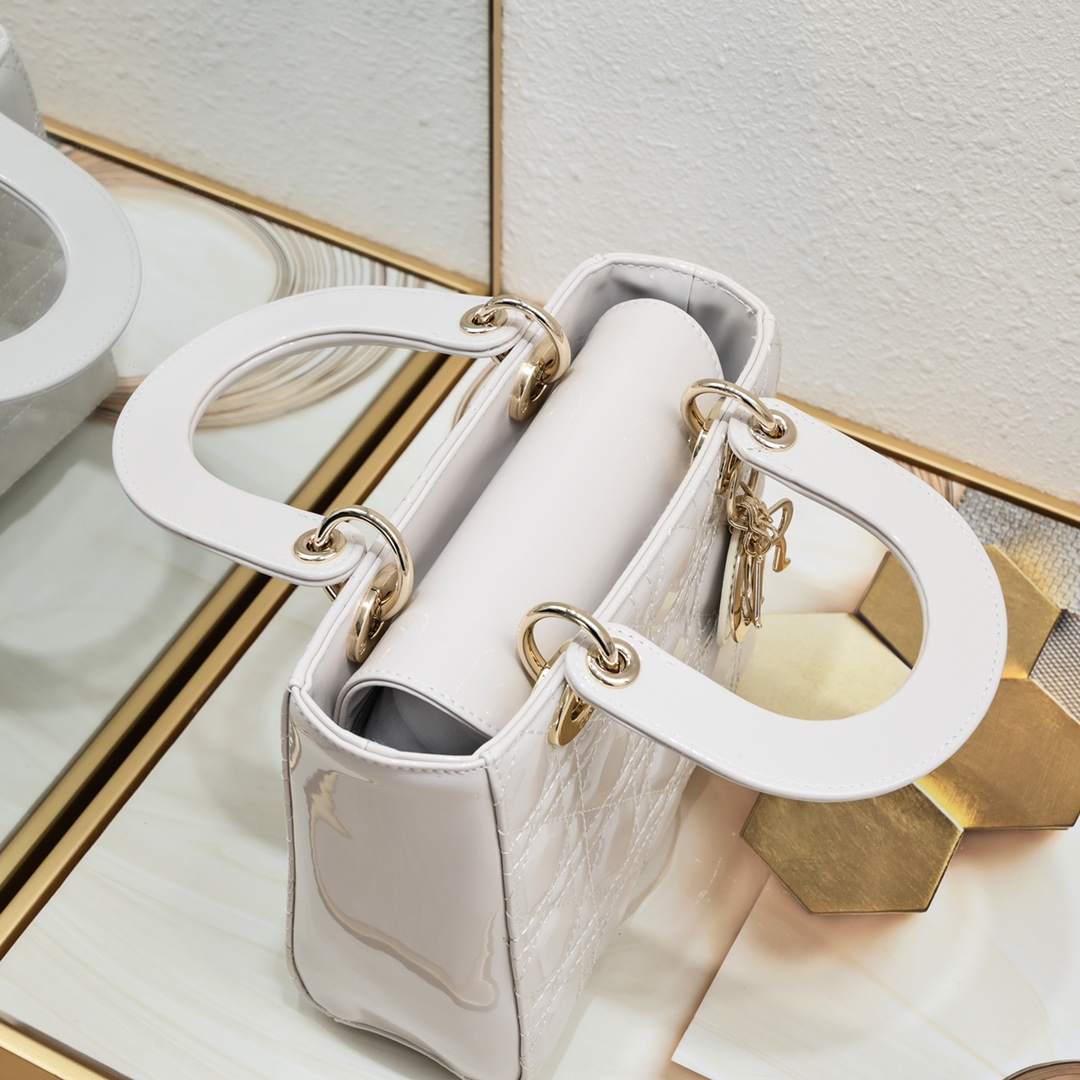 Dior Small Lady Dior Bag Powder White Patent Cannage Calfskin Golden Hardware - Bag