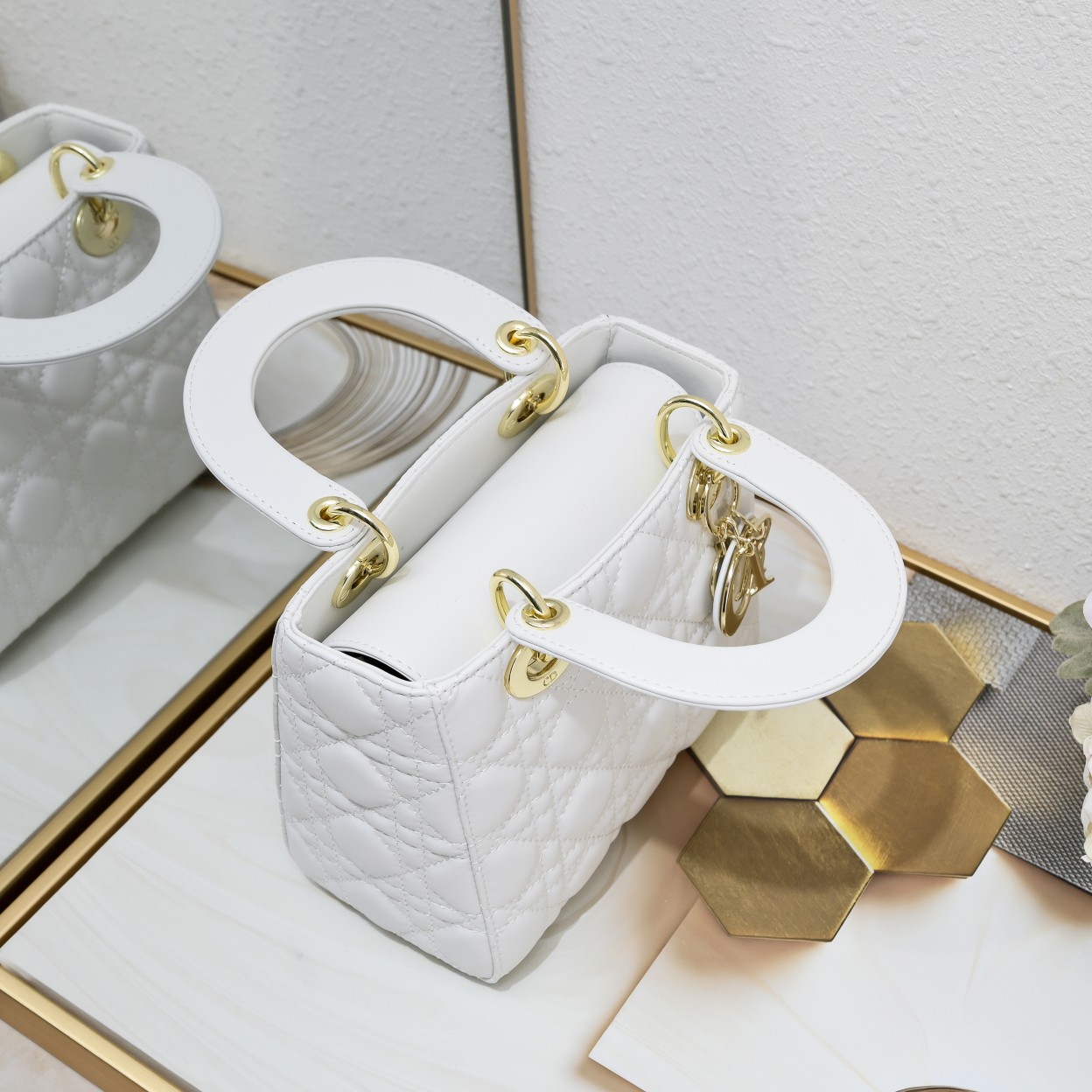 Dior Small Lady Dior Bag White Cannage Calfskin Golden Hardware - Bag