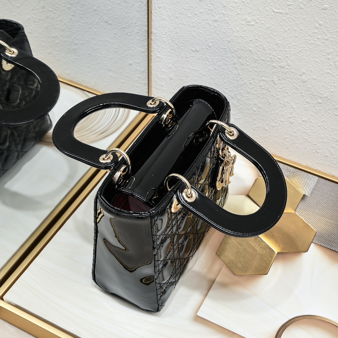 Dior Small Lady Dior Bag Powder Black Patent Cannage Calfskin Golden Hardware - Bag