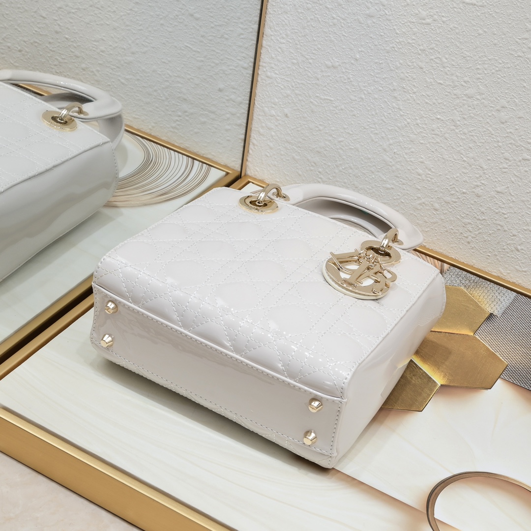 Dior Small Lady Dior Bag Powder White Patent Cannage Calfskin Golden Hardware - Bag