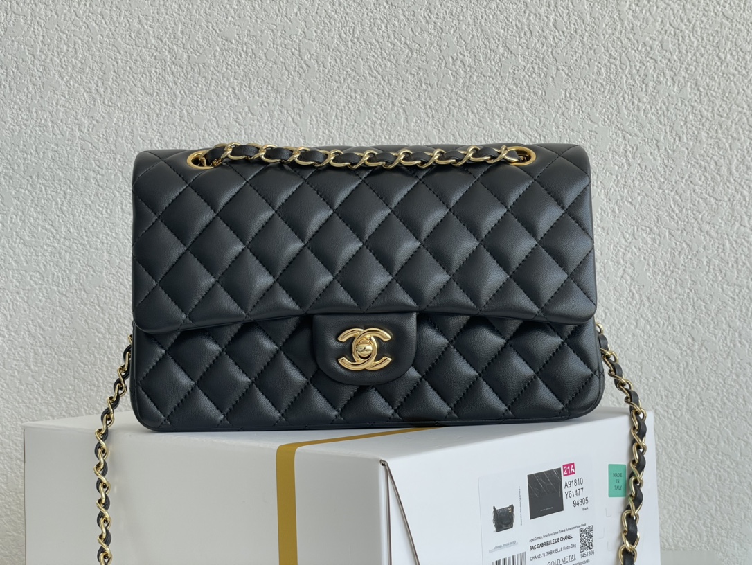 Chanel Classic Double Flag Bag Black Leather Golden Hardware Shoulder Bag