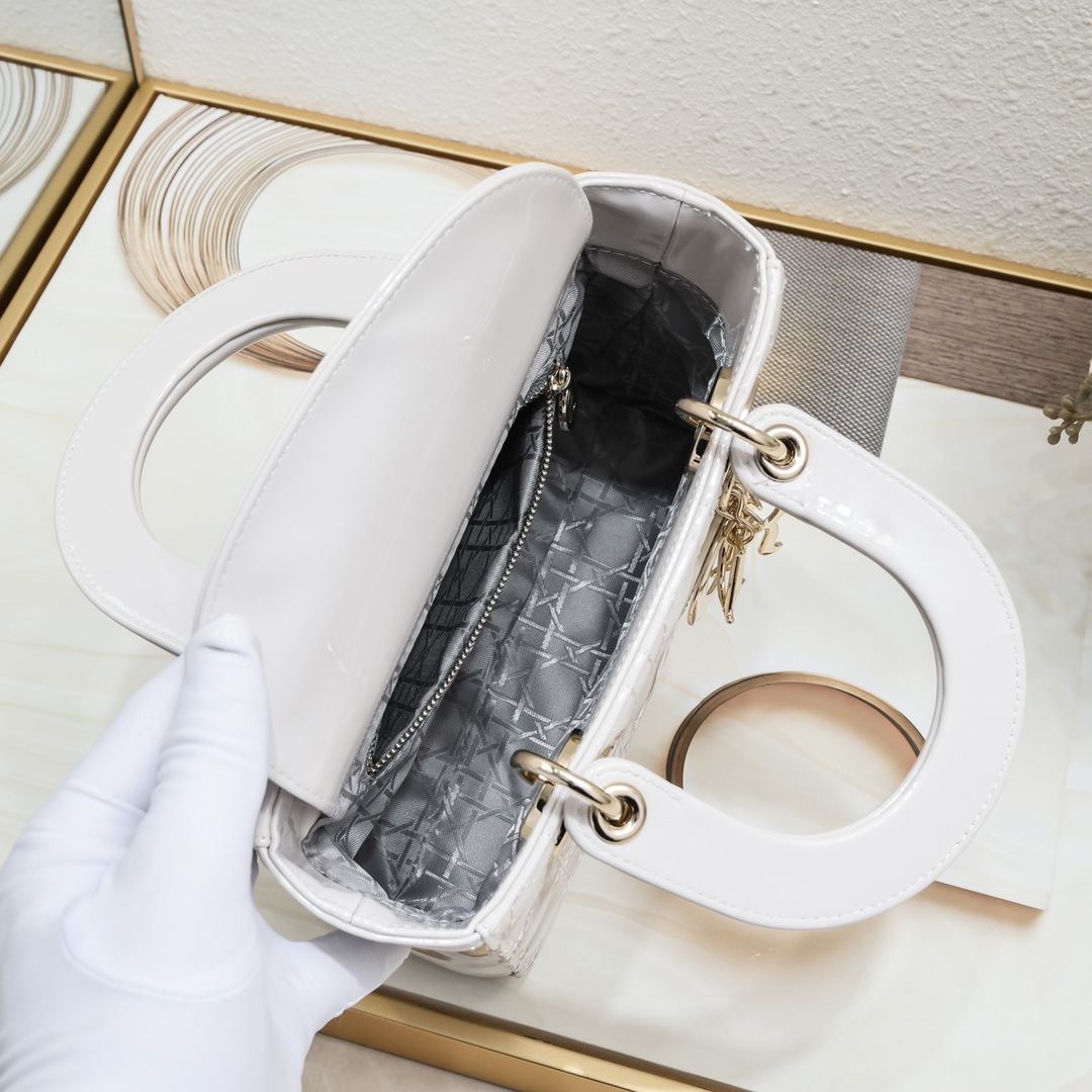 Dior Small Lady Dior Bag Powder White Patent Cannage Calfskin Golden Hardware - Bag