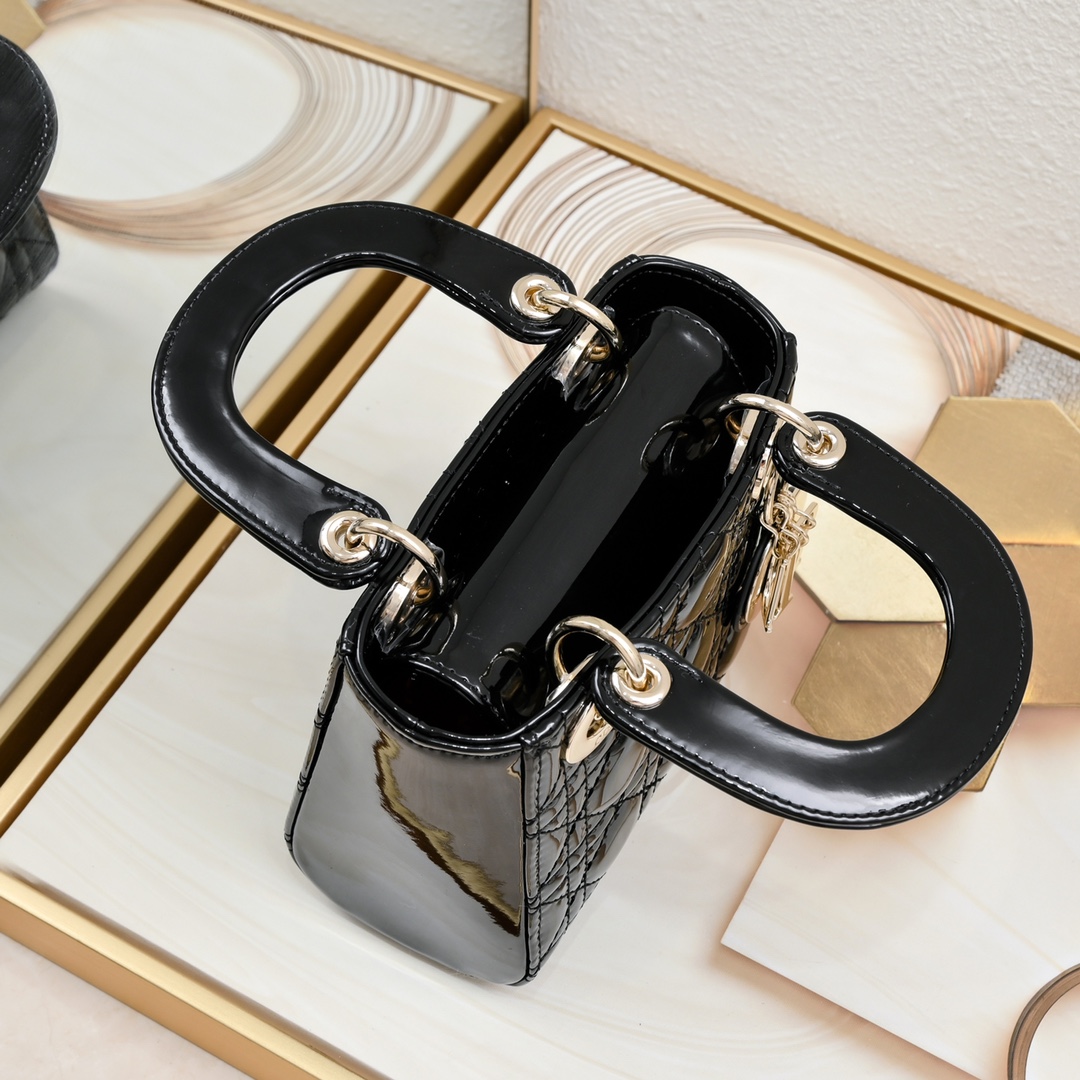 Dior Lady Dior Bag Powder Black Patent Cannage Calfskin Golden Hardware - Bag