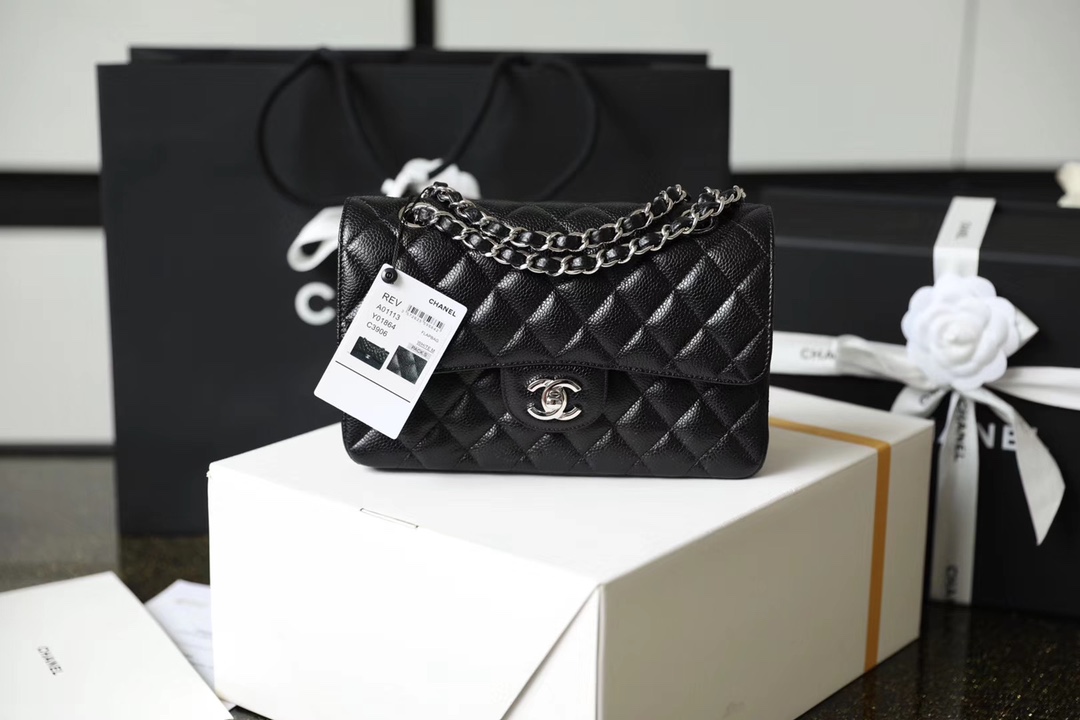 Chanel Classic Flag Bag Small Classic Double Flap Black Calfskin Silver Hardware - Bag