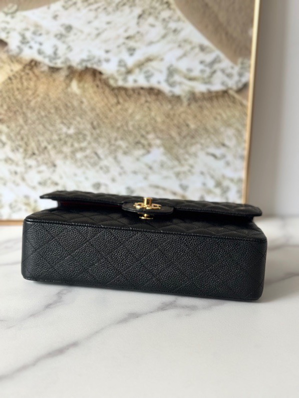 Chanel Classic Flag Bag Medium Classic Double Flap Bag Black Caviar Gold Hardware - Bag