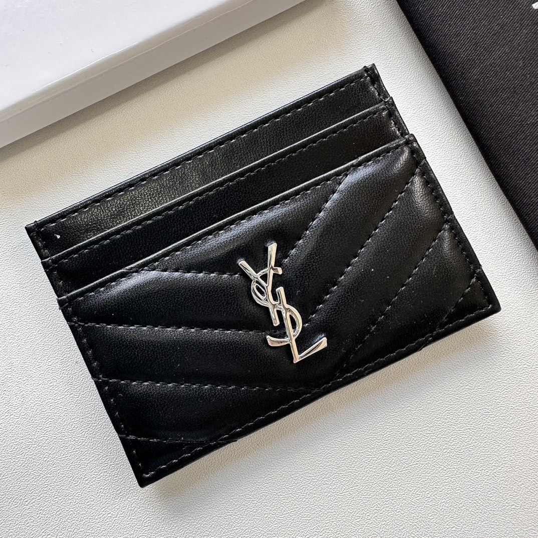 Saint Laurent CASSANDRE MATELASSÉ card case in lambskin -Black and Silver Wallet