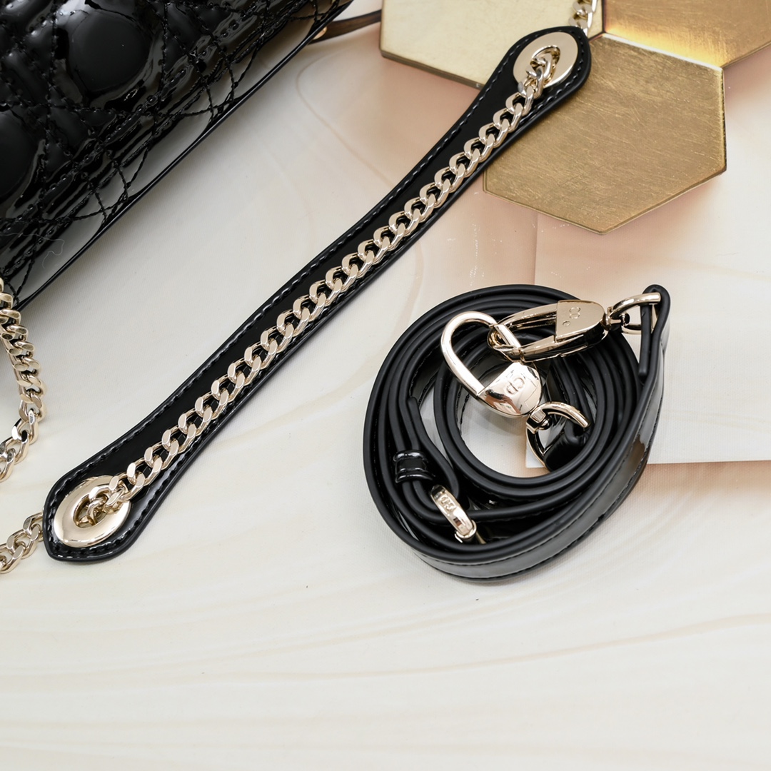 Dior Lady Dior Bag Powder Black Patent Cannage Calfskin Golden Hardware - Bag