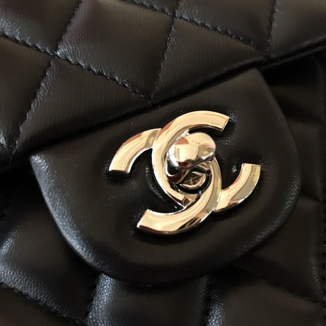 Chanel Classic Double Flag Bag Black Leather Silver Hardware Shoulder Bag