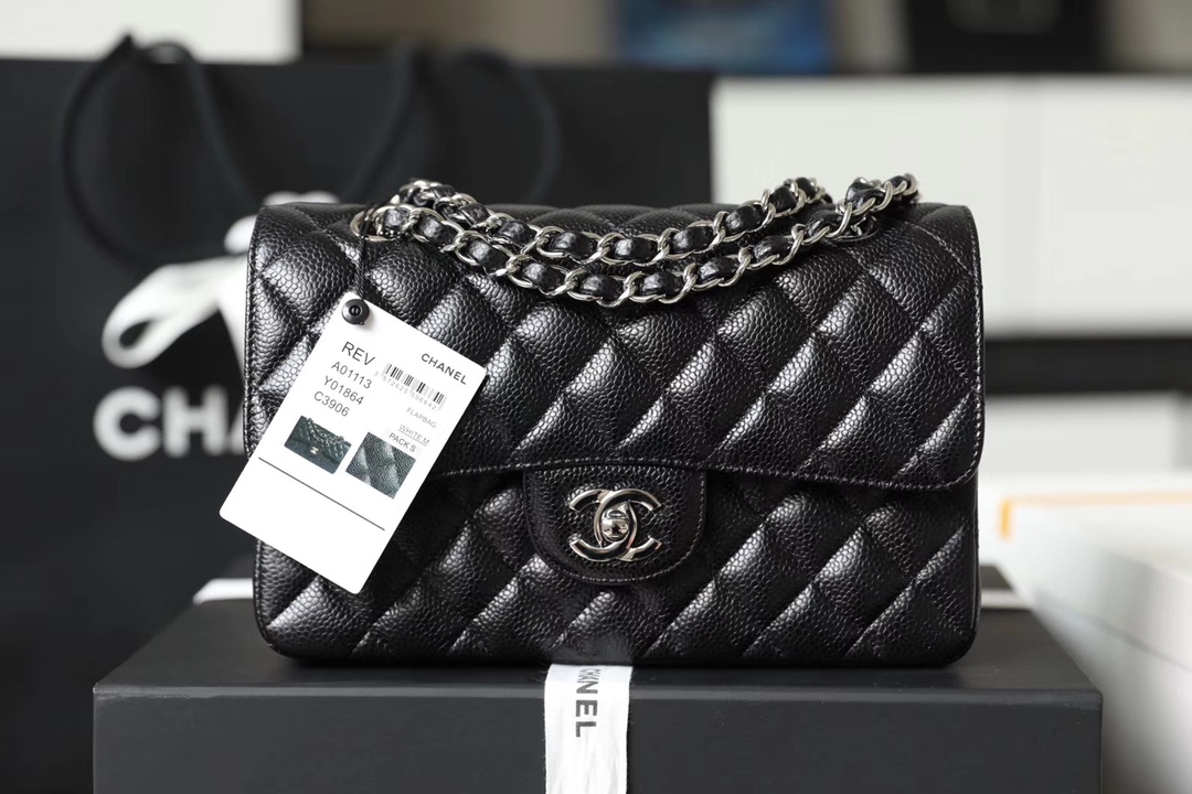 Chanel Classic Flag Bag Small Classic Double Flap Black Calfskin Silver Hardware - Bag
