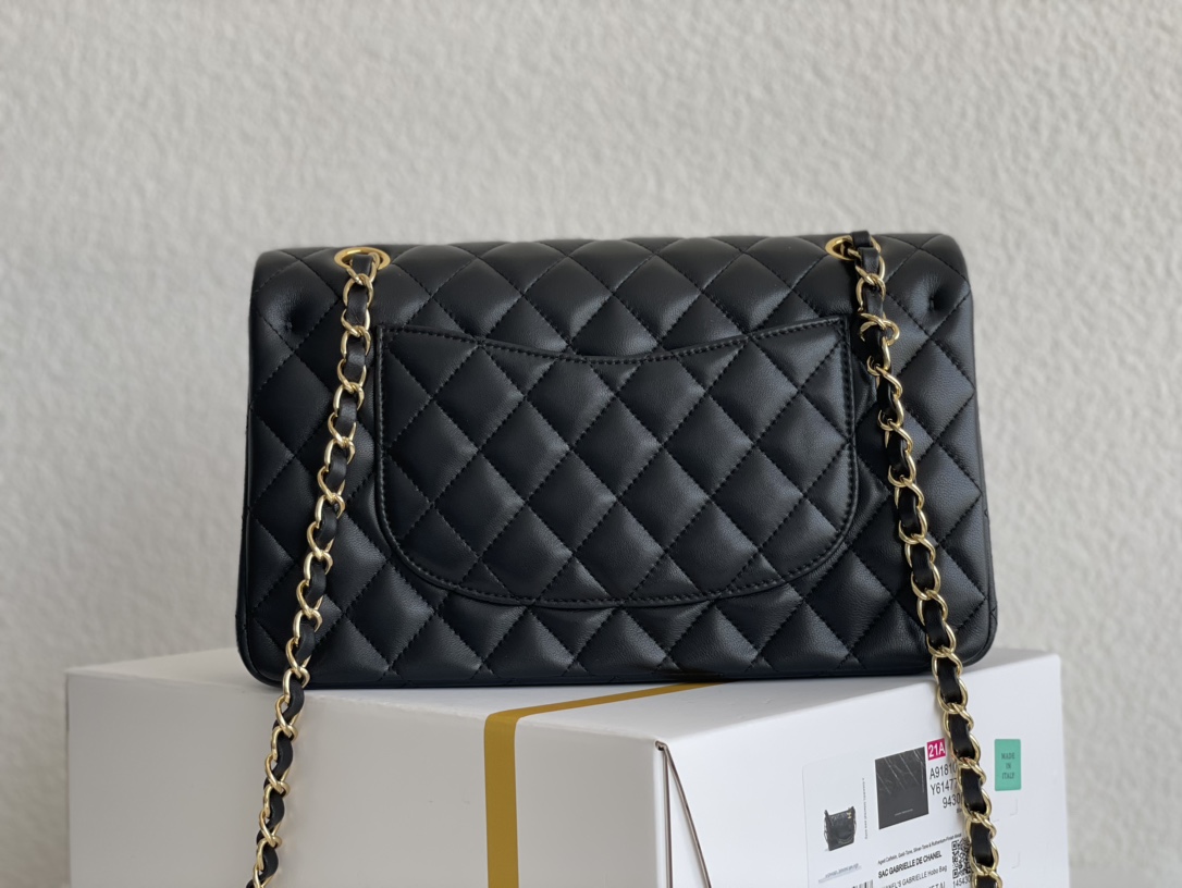 Chanel Classic Double Flag Bag Black Leather Golden Hardware Shoulder Bag