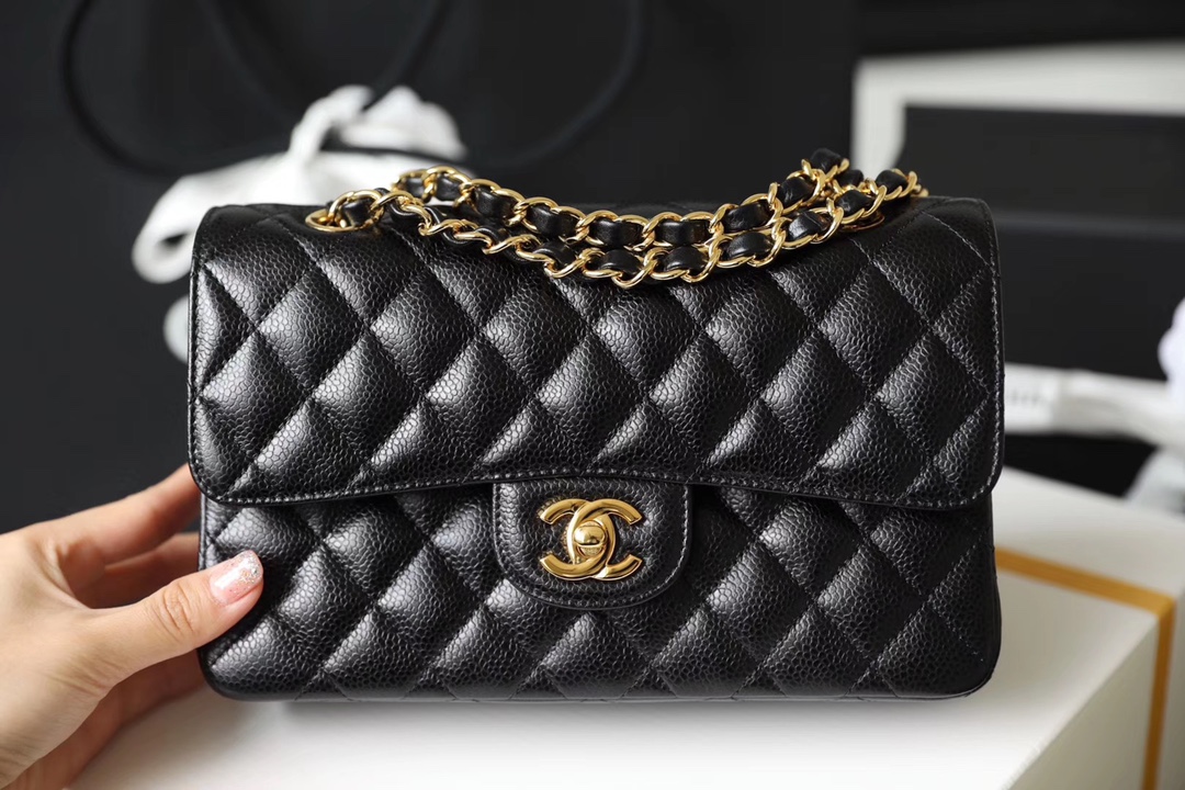 Chanel Classic Flag Bag Small Classic Double Flap Black Caviar Gold Hardware - Bag