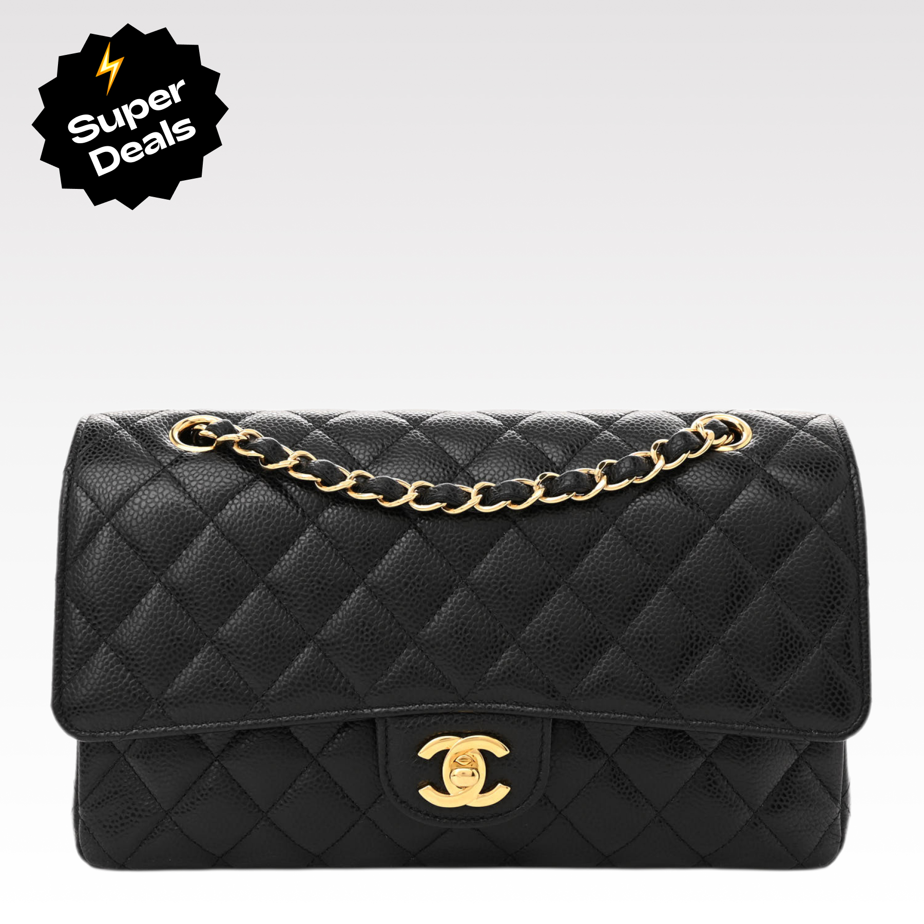 Chanel Classic Flag Bag Medium Classic Double Flap Bag Black Caviar Gold Hardware - Bag