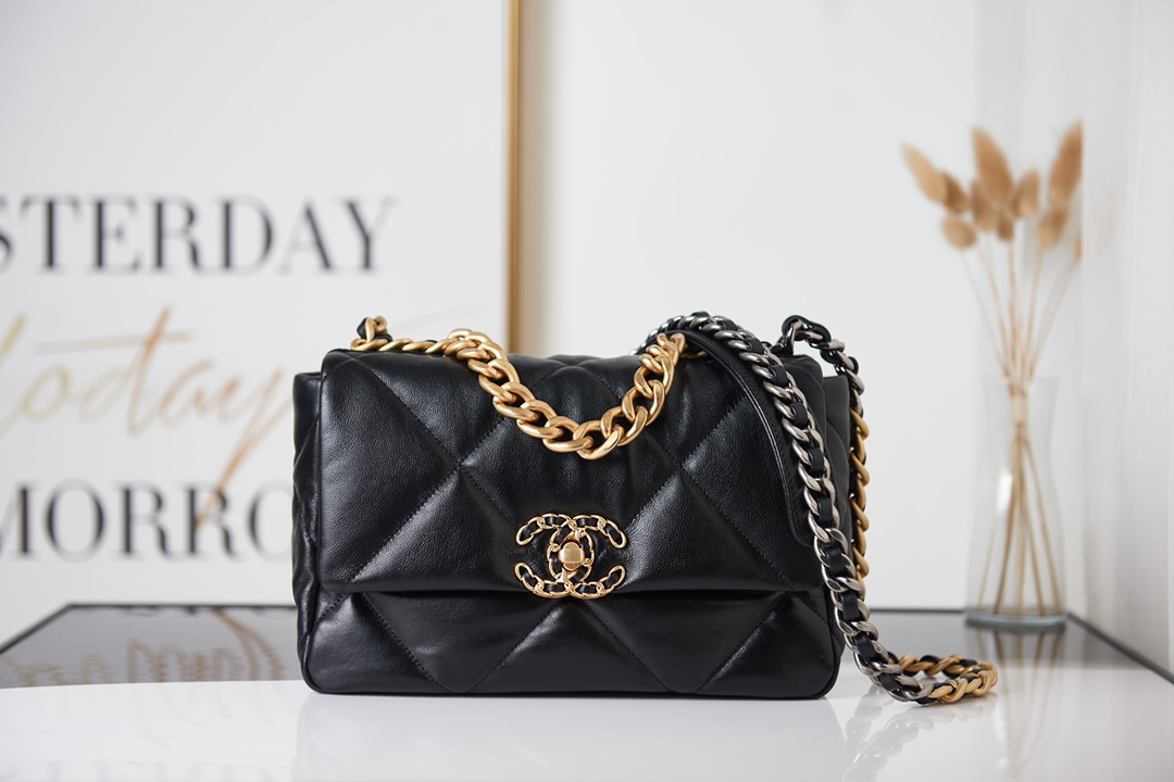 Chanel Calfskin Quilted Large Chanel 19 Flap Black -Golden - Bag