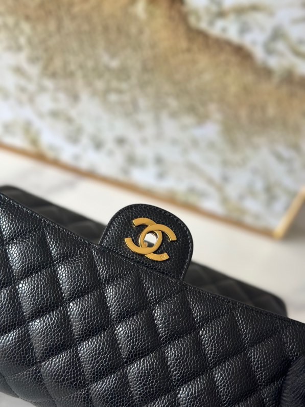 Chanel Classic Flag Bag Medium Classic Double Flap Bag Black Caviar Gold Hardware - Bag