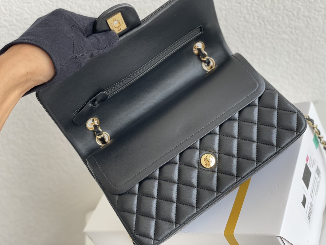 Chanel Classic Double Flag Bag Black Leather Golden Hardware Shoulder Bag