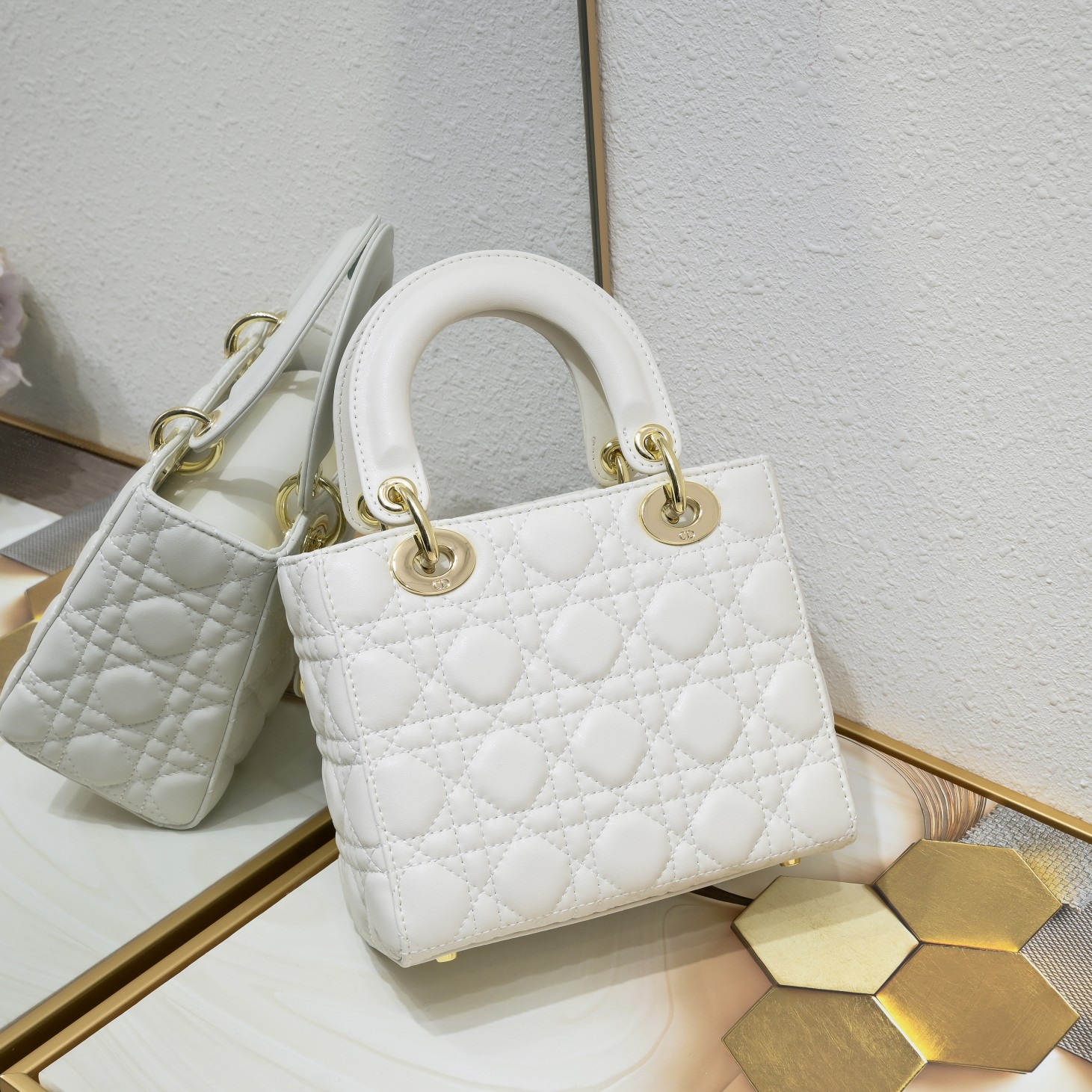 Dior Small Lady Dior Bag White Cannage Calfskin Golden and White Paint Hardware - Bag