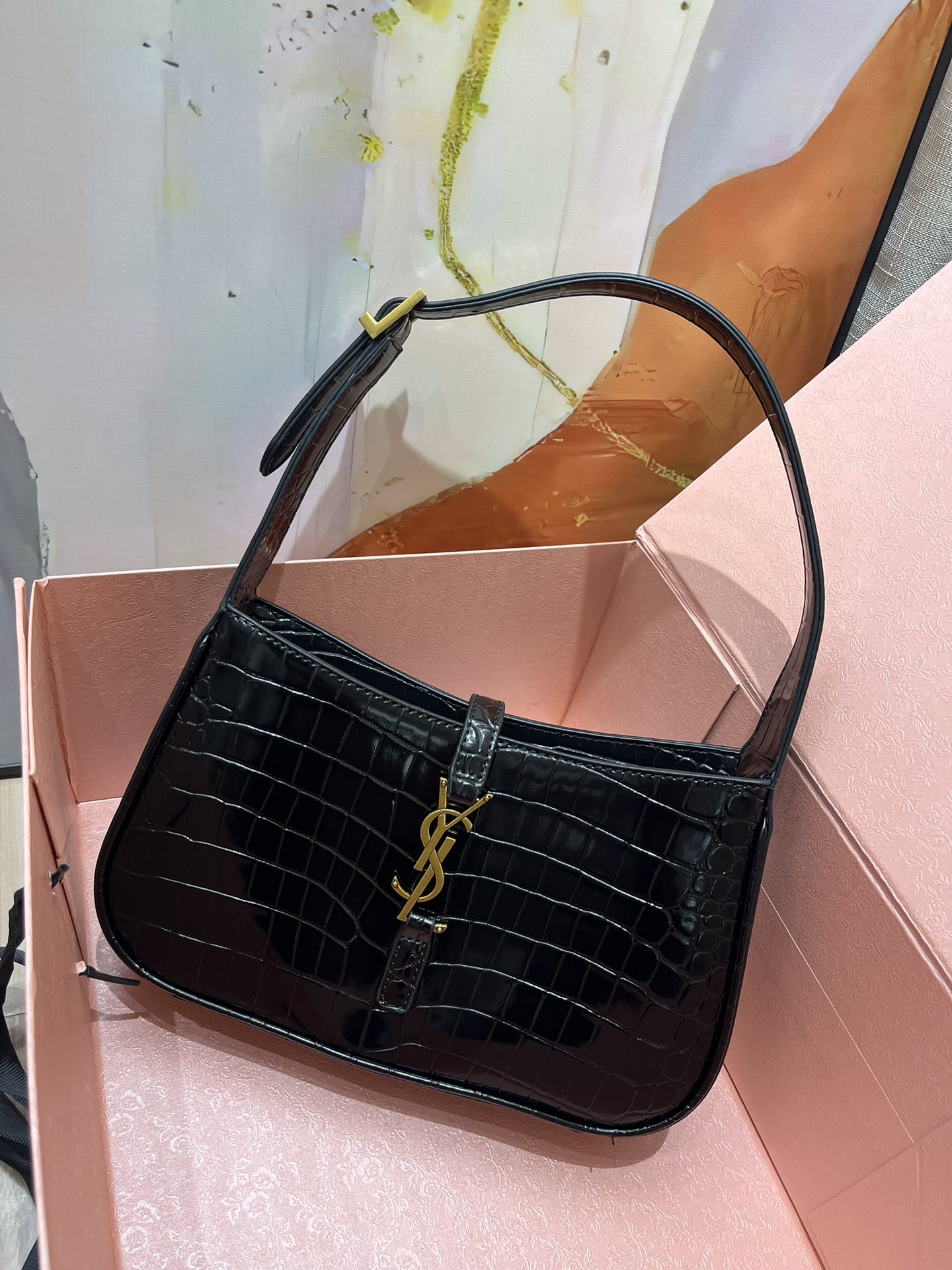 SAINT LAURENT YSL Croc-Embossed Le 5 à 7 Hobo Bag