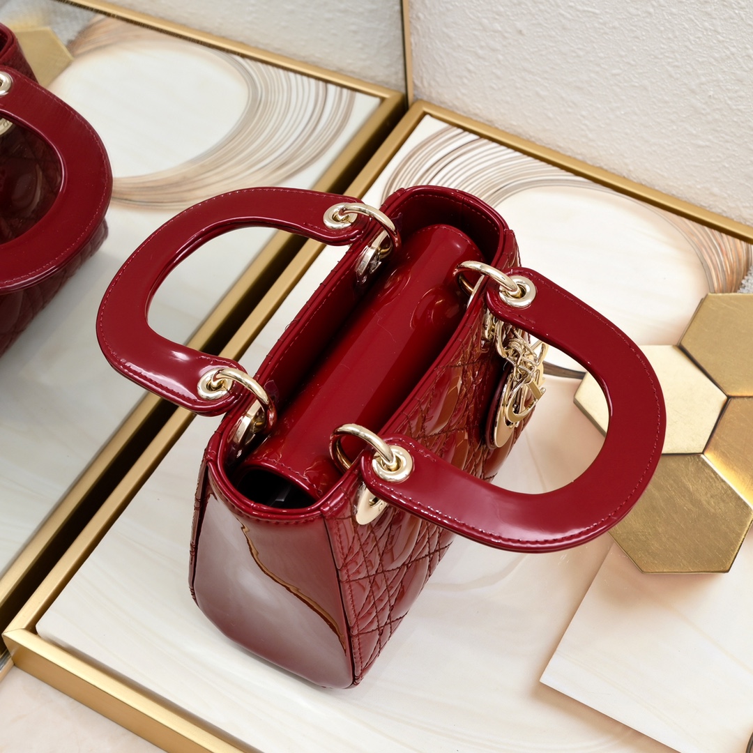 Dior Mini Lady Dior Bag Powder Cherry Red Patent Cannage Calfskin Golden Hardware - Bag