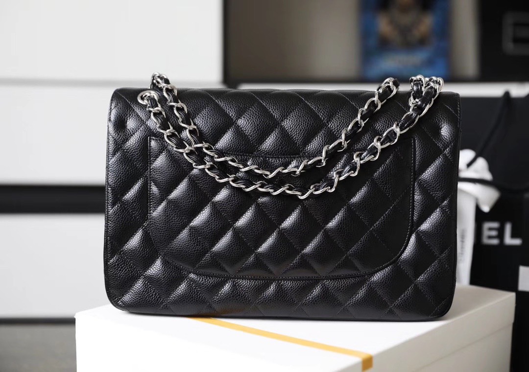 Chanel Classic Flag Bag Jumbo Classic Double Flap Bag Black Caviar Sliver Hardware - Bag