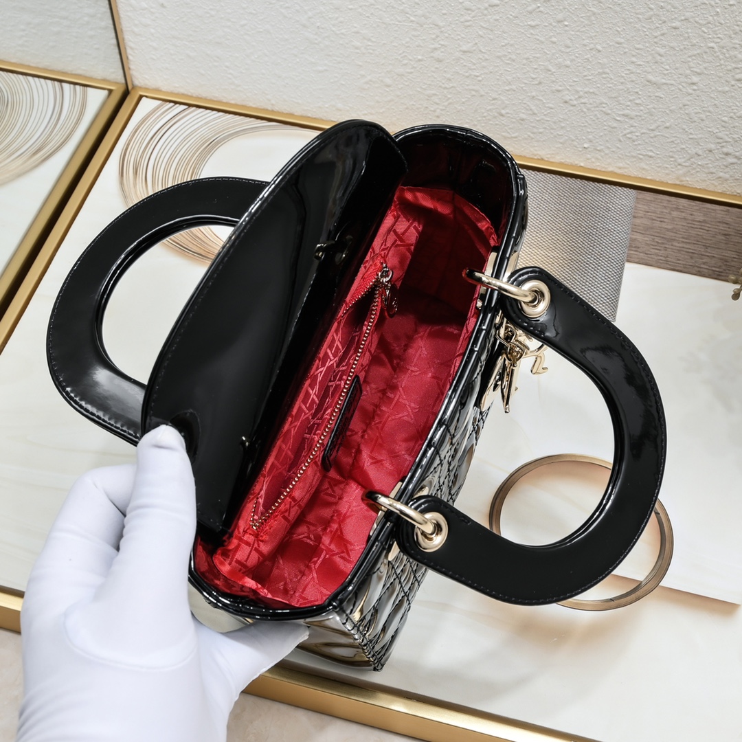 Dior Small Lady Dior Bag Powder Black Patent Cannage Calfskin Golden Hardware - Bag