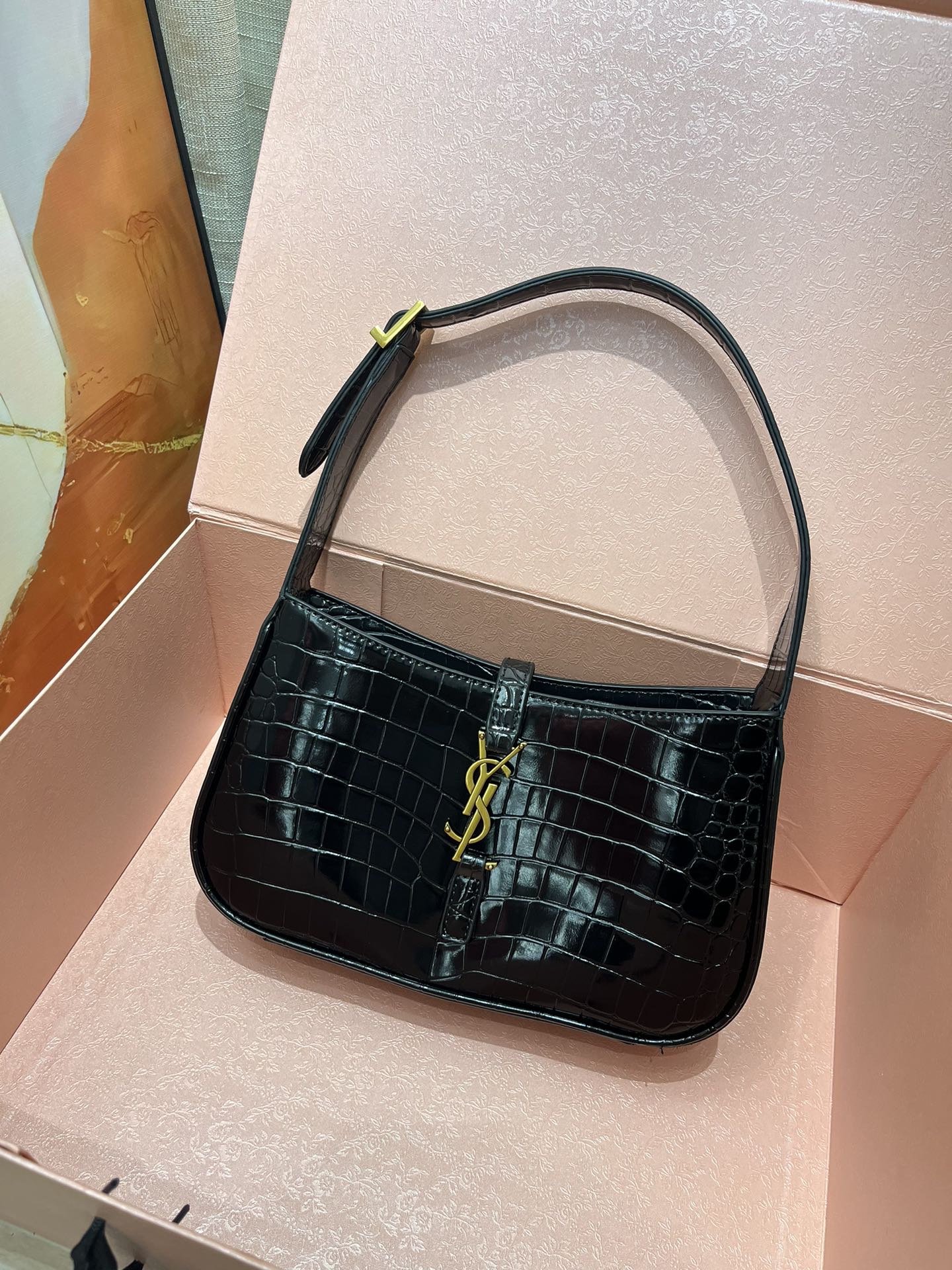 SAINT LAURENT YSL Croc-Embossed Le 5 à 7 Hobo Bag