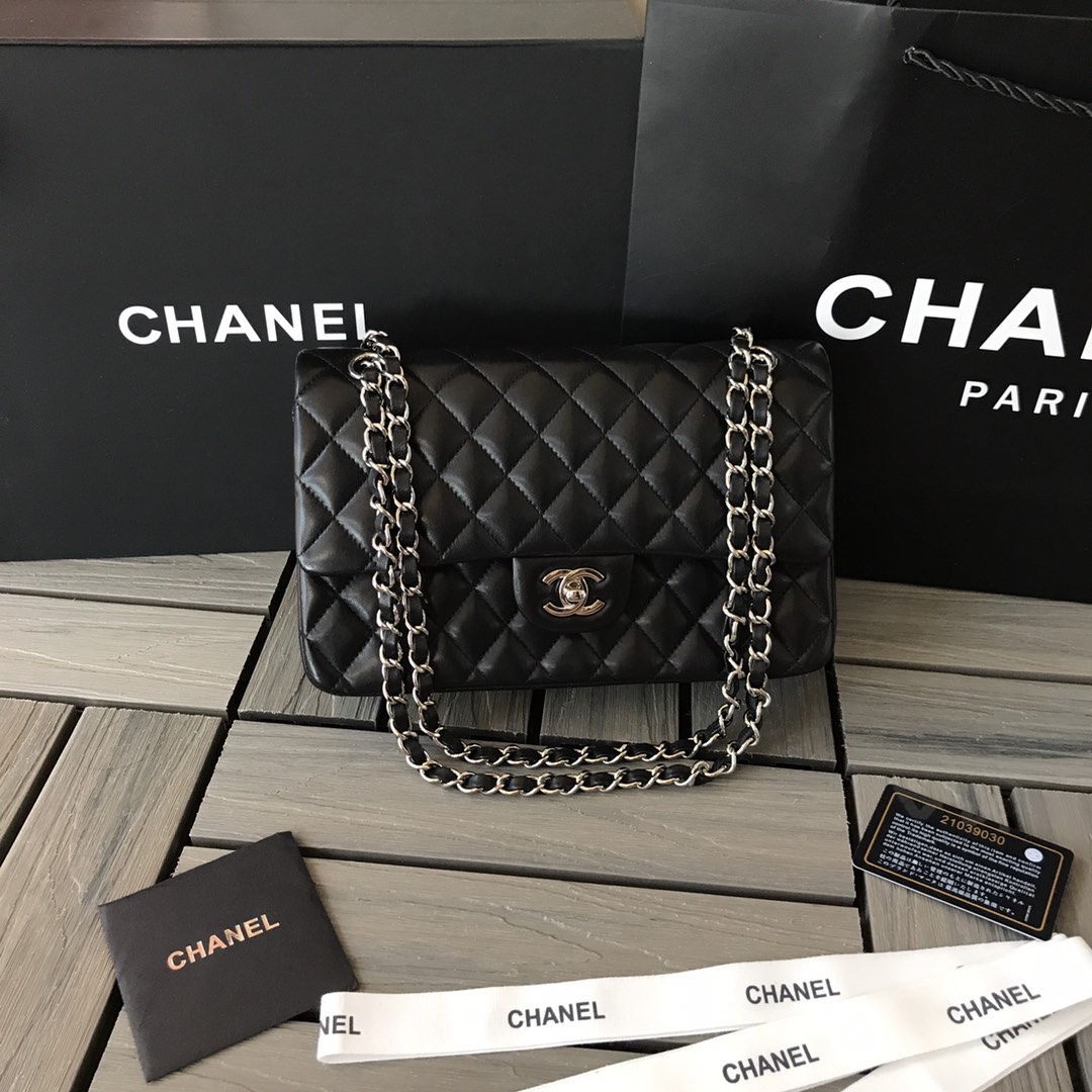 Chanel Classic Double Flag Bag Black Leather Silver Hardware Shoulder Bag