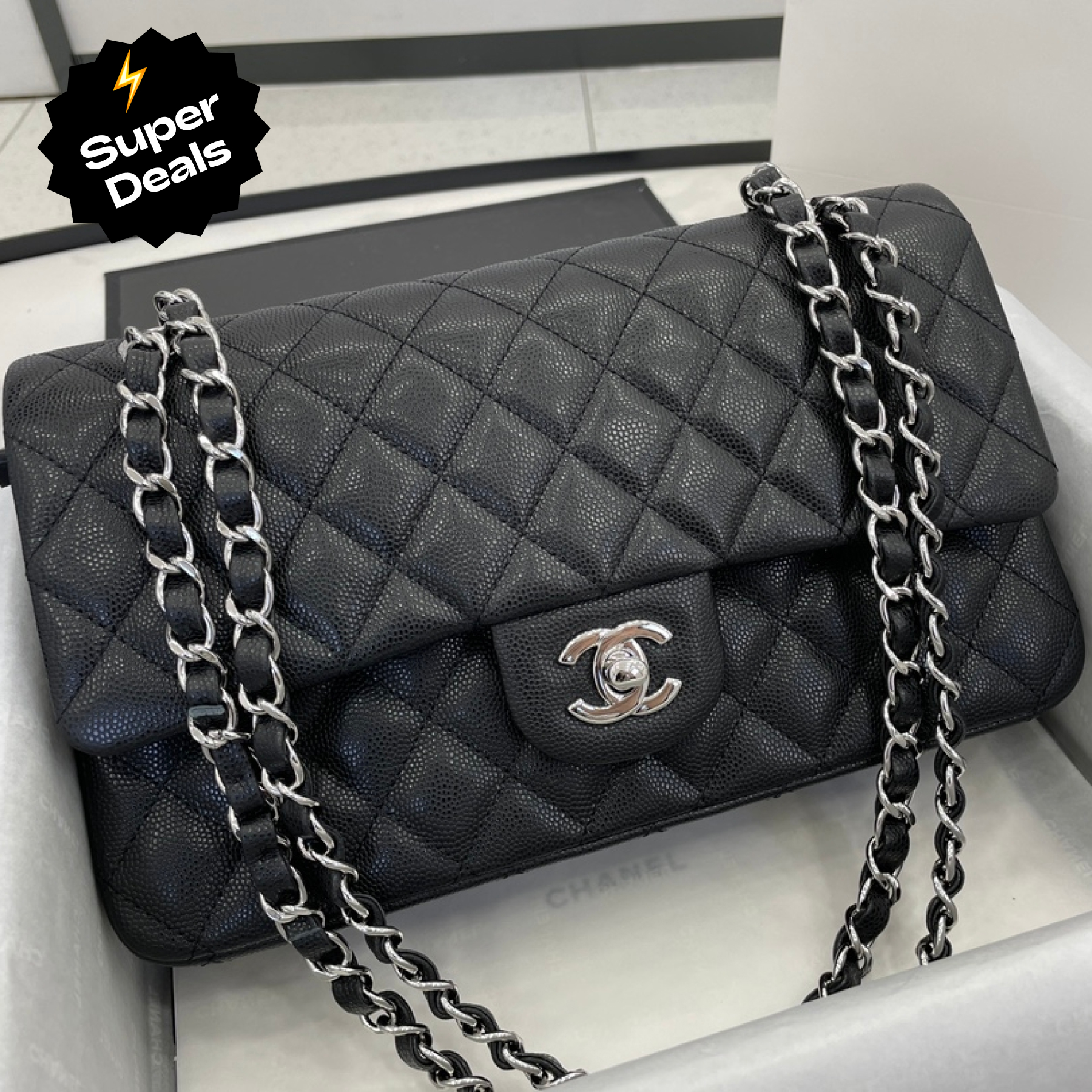 Chanel Classic Flag Bag Medium Classic Double Flap Bag SO Black Crumpled Calfskin Silver Hardware - Bag