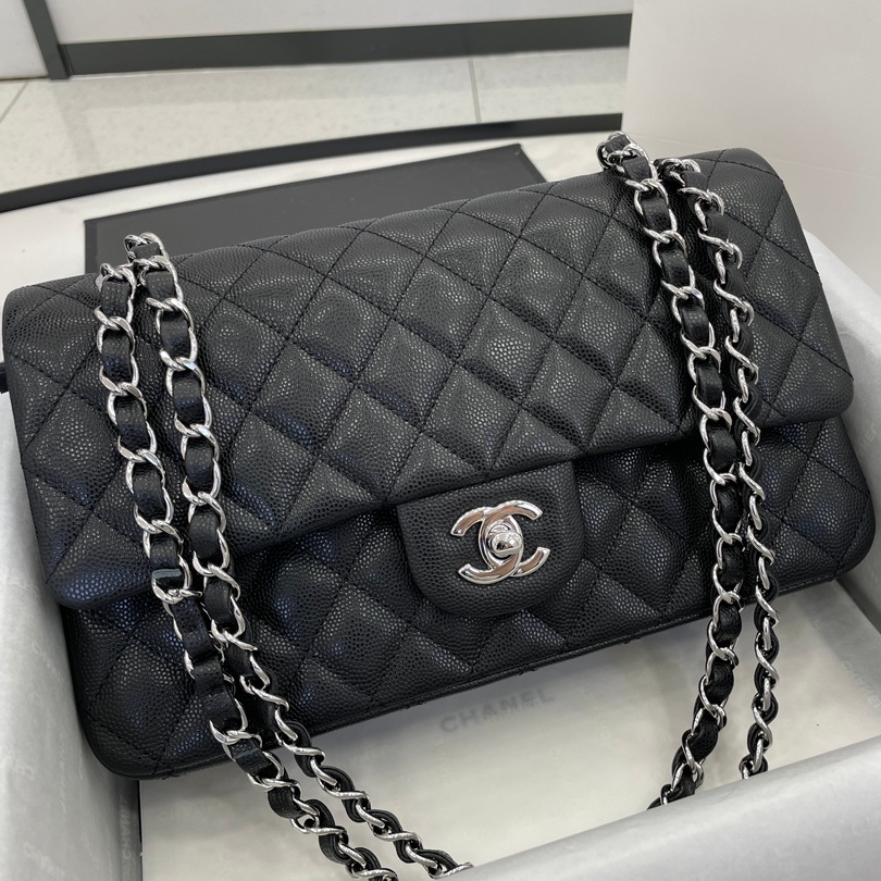 Chanel Classic Flag Bag Medium Classic Double Flap Bag SO Black Crumpled Calfskin Silver Hardware - Bag