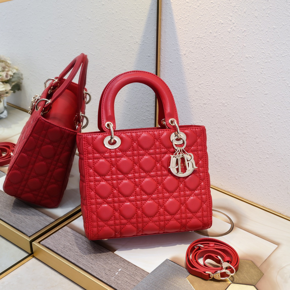 Dior Medium Lady Dior Bag Red Cannage Calfskin Golden Hardware - Bag