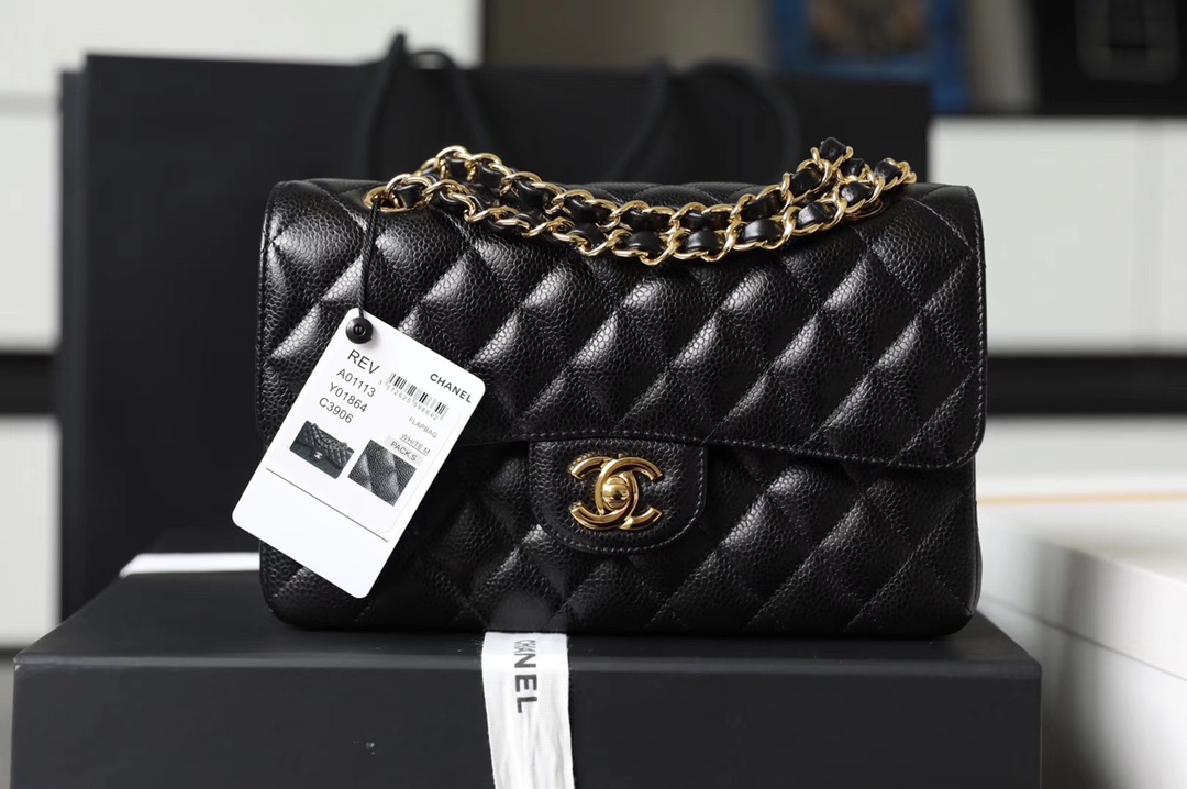 Chanel Classic Flag Bag Small Classic Double Flap Black Caviar Gold Hardware - Bag
