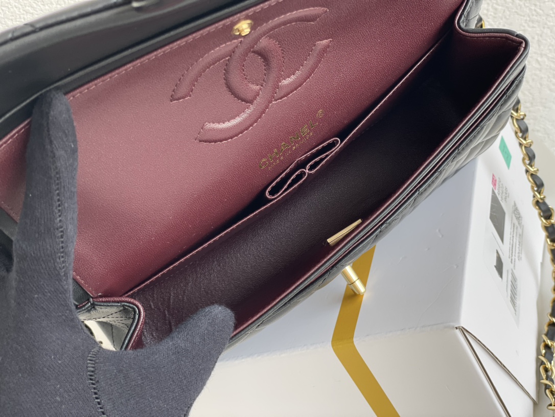 Chanel Classic Double Flag Bag Black Leather Golden Hardware Shoulder Bag