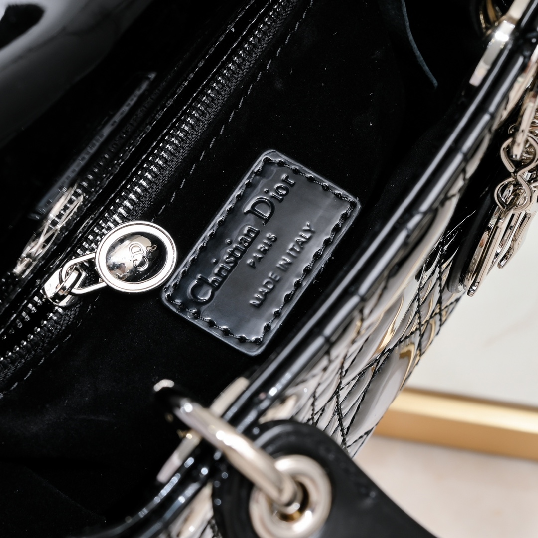 Dior Mini Lady Dior Bag Powder Black Patent Cannage Calfskin Golden Hardware - Bag