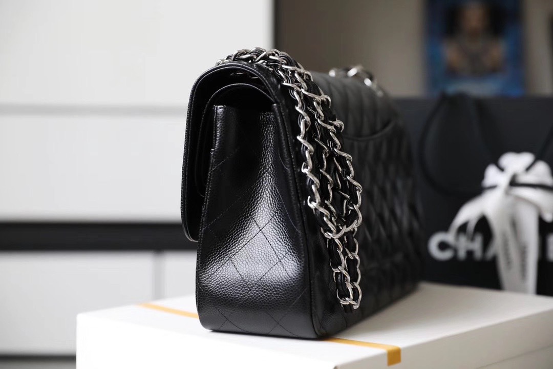 Chanel Classic Flag Bag Jumbo Classic Double Flap Bag Black Caviar Sliver Hardware - Bag