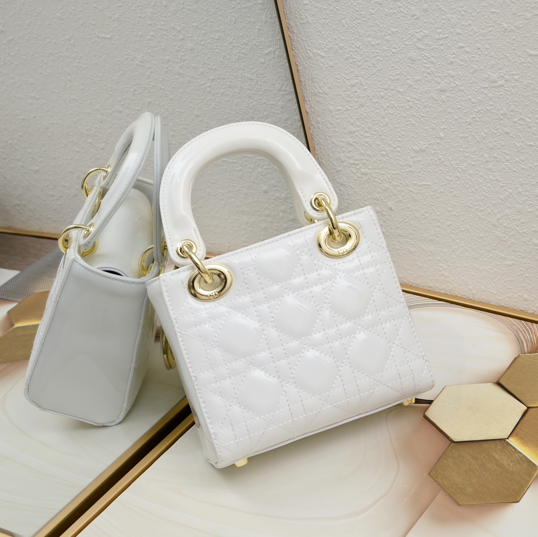 Dior Mini Lady Dior Bag Powder White Patent Cannage Calfskin Golden Hardware - Bag