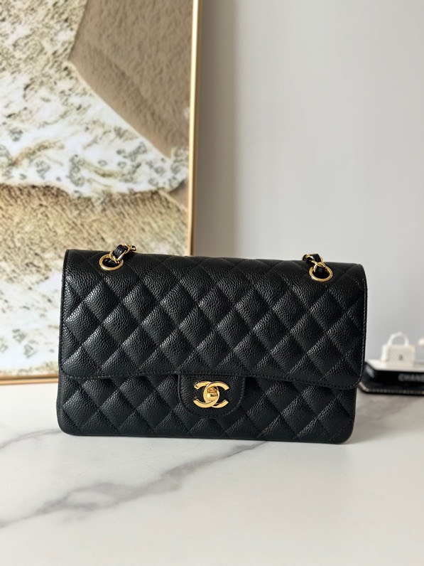 Chanel Classic Flag Bag Medium Classic Double Flap Bag Black Caviar Gold Hardware - Bag