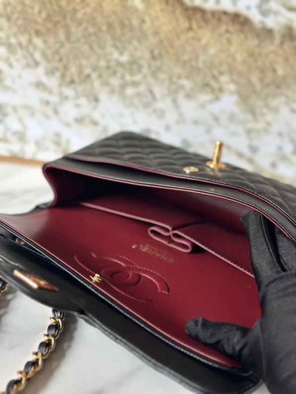 Chanel Classic Flag Bag Medium Classic Double Flap Bag Black Caviar Gold Hardware - Bag